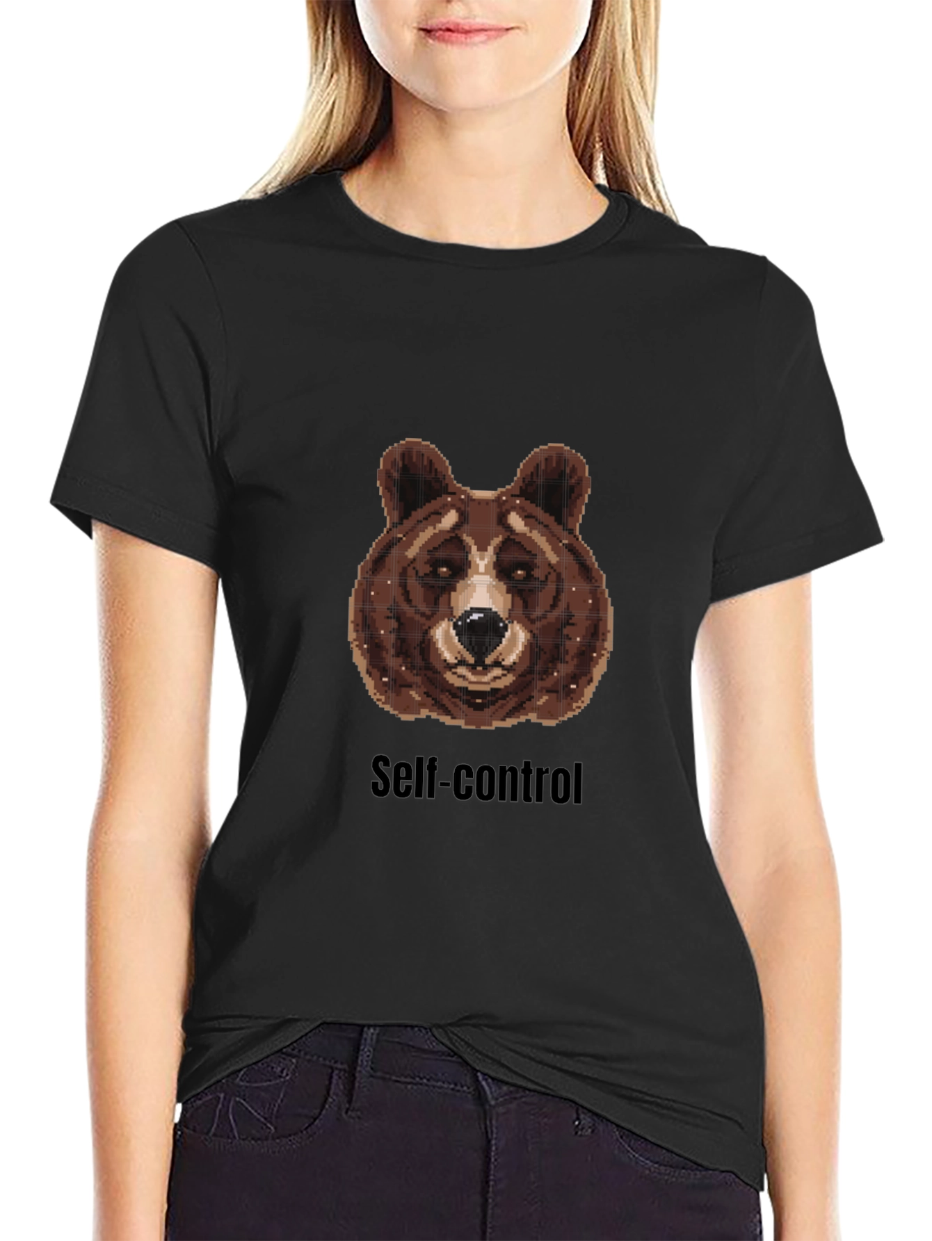 Camiseta Hombre Negra con Diseño Oso Pixelado y Self-control