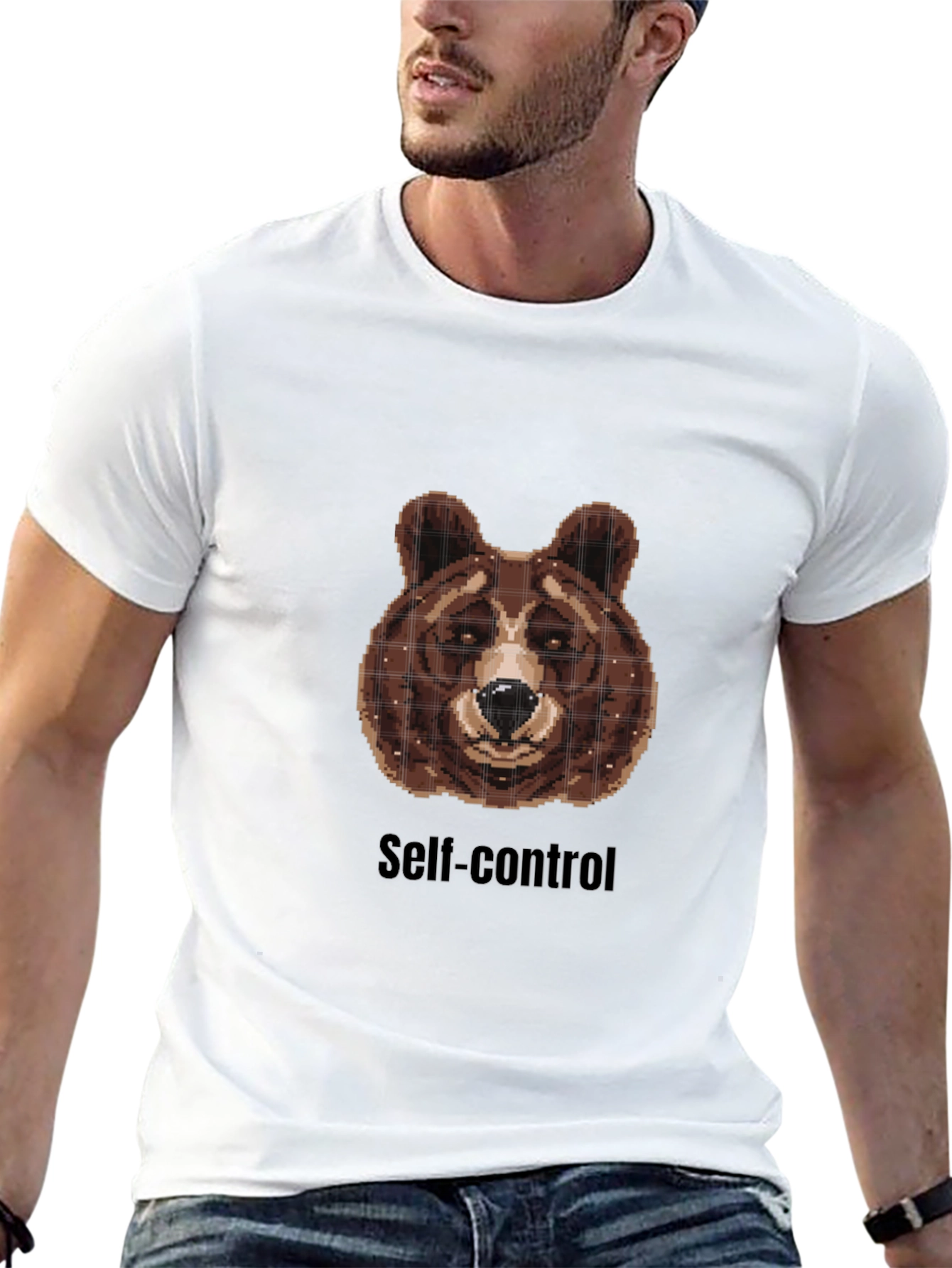 Camiseta Hombre Negra con Diseño Oso Pixelado y Self-control