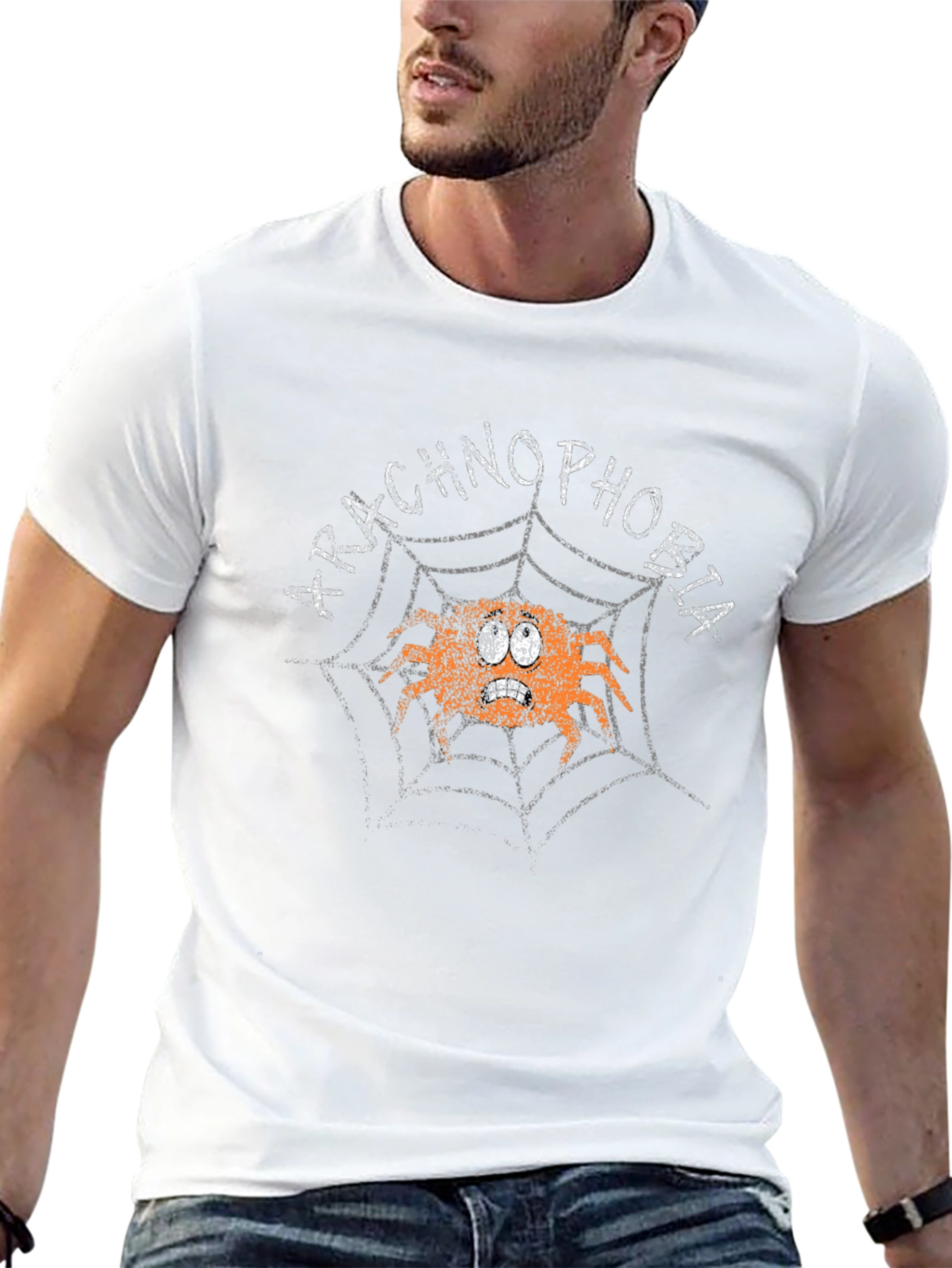 Camiseta Hombre Negra con Araña y Texto Arachnophobia