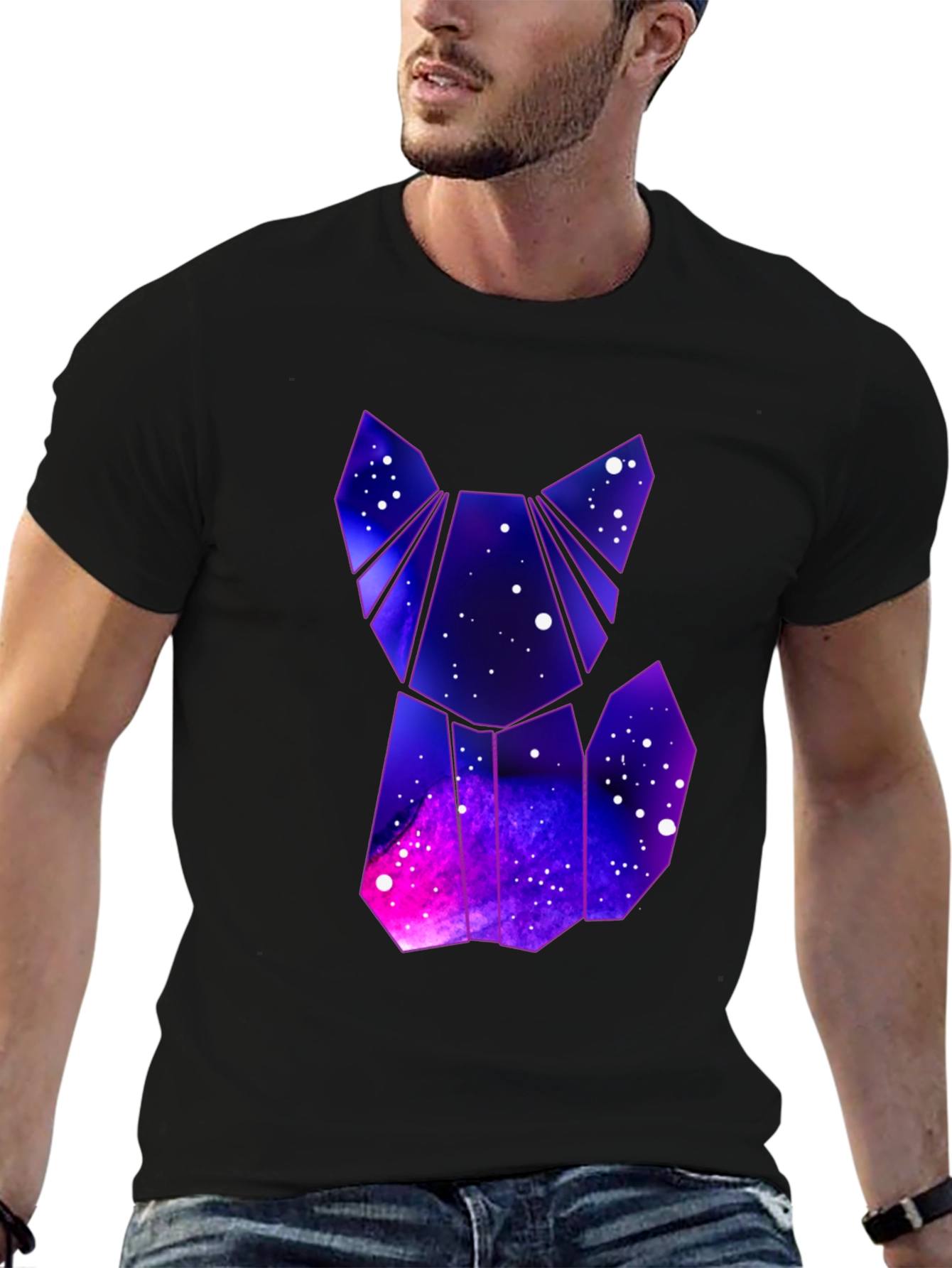 Camiseta Hombre Negra Diseño Gato Galaxia