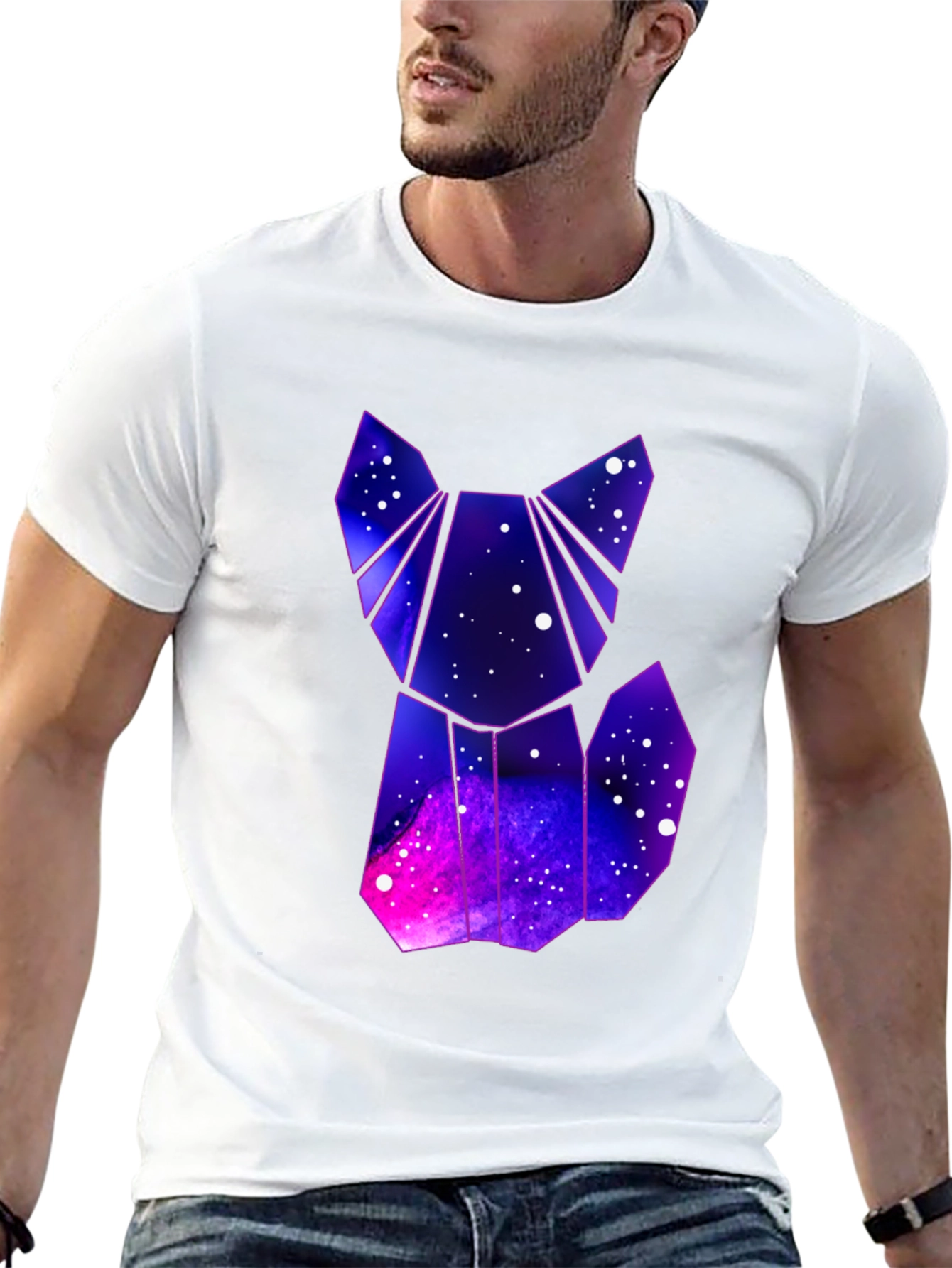 Camiseta Hombre Negra Diseño Gato Galaxia