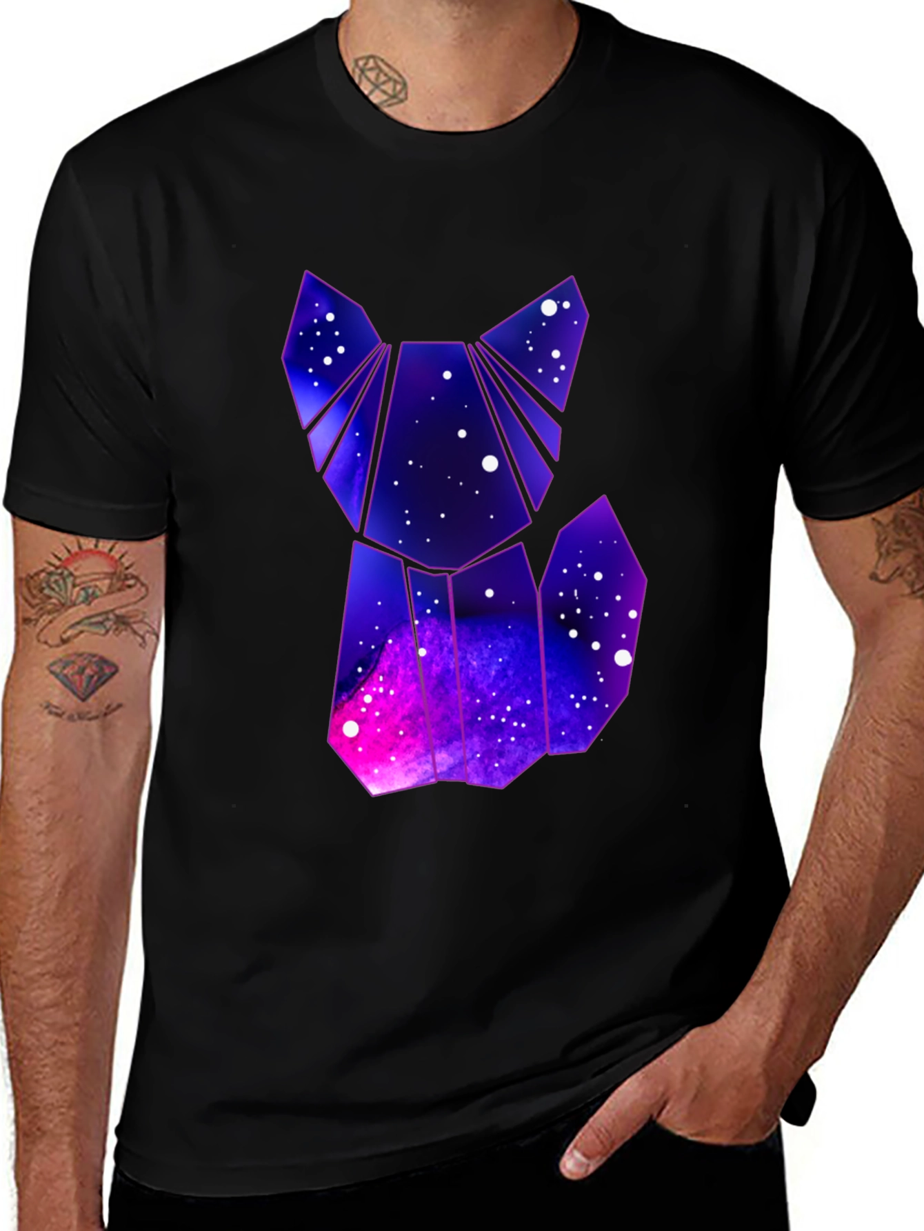 Camiseta Hombre Negra Diseño Gato Galaxia