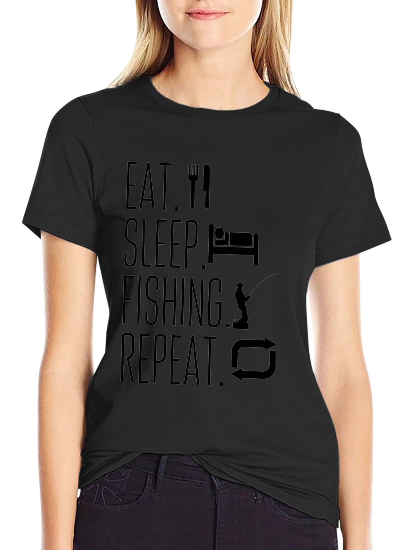 Camiseta Hombre Negra: Comer Dormir Pescar Repetir