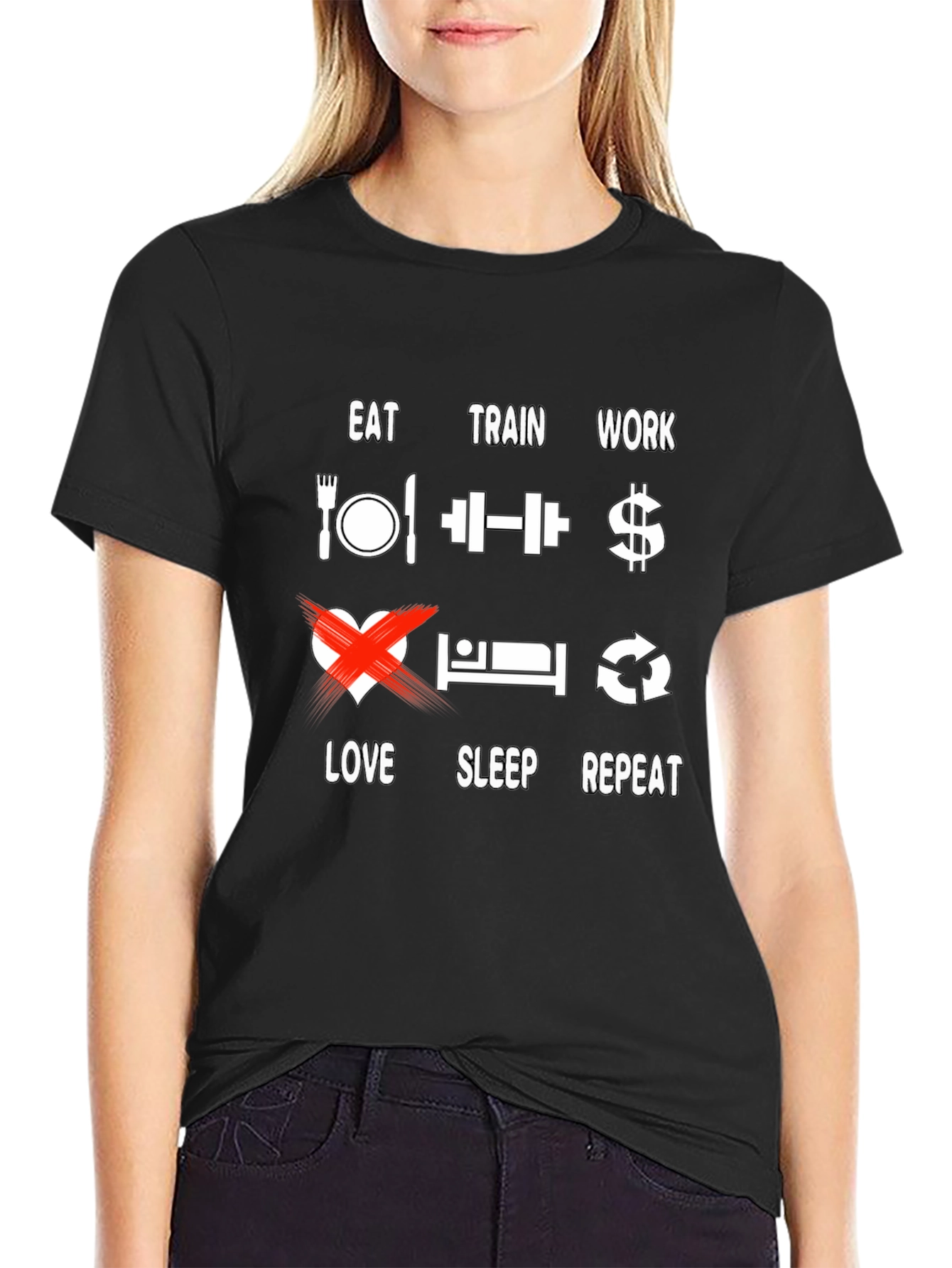 Camiseta Eat Train Work Repeat - Divertida y motivacional