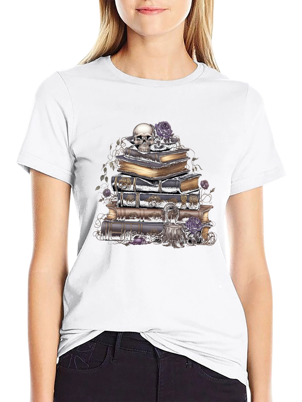 Camiseta Gótica: Cráneo Rosas y Libros