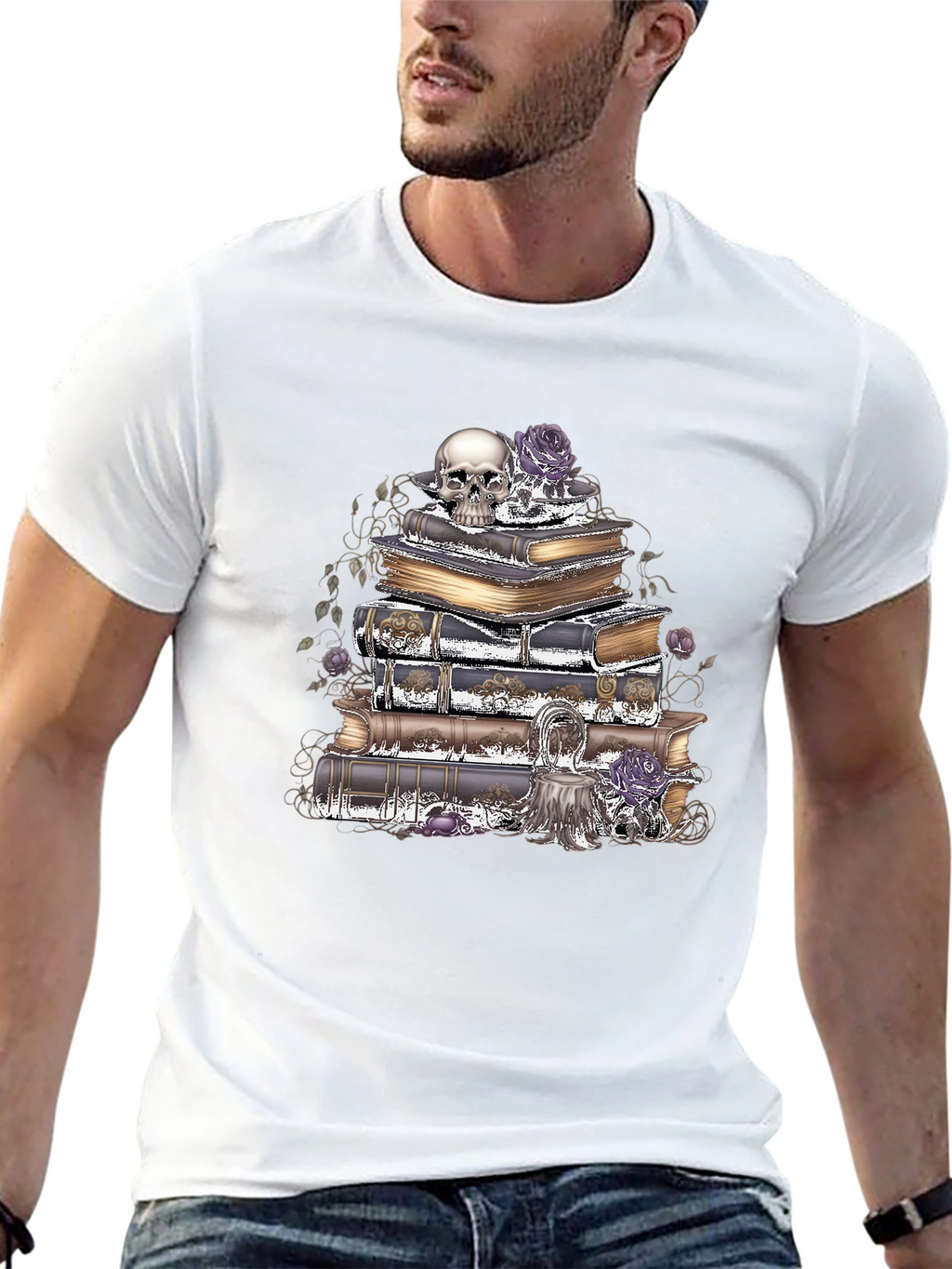 Camiseta Gótica: Cráneo Rosas y Libros