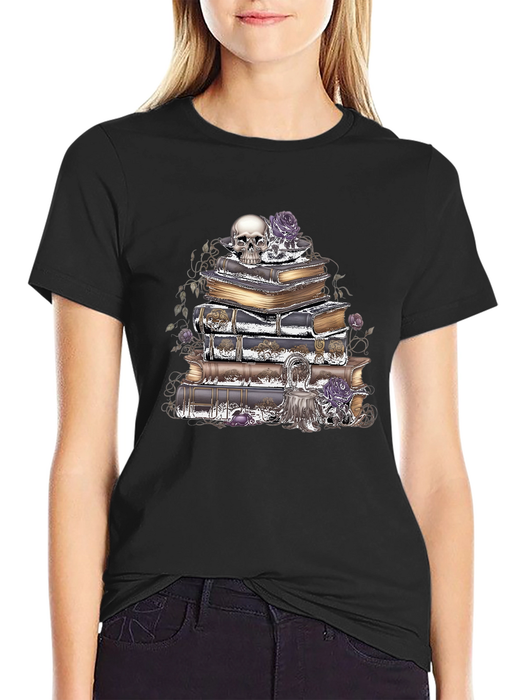 Camiseta Gótica: Cráneo Rosas y Libros