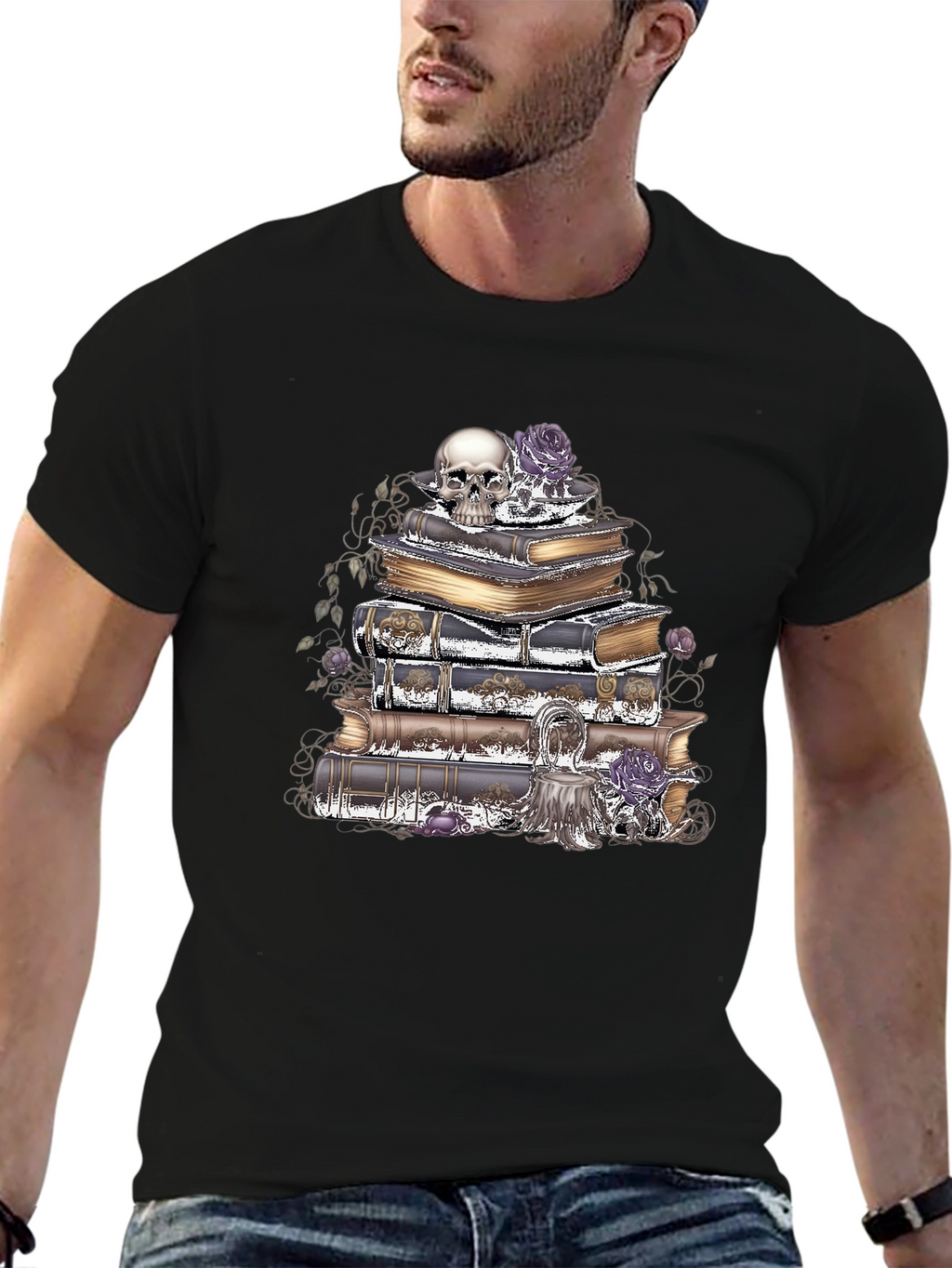 Camiseta Gótica: Cráneo Rosas y Libros