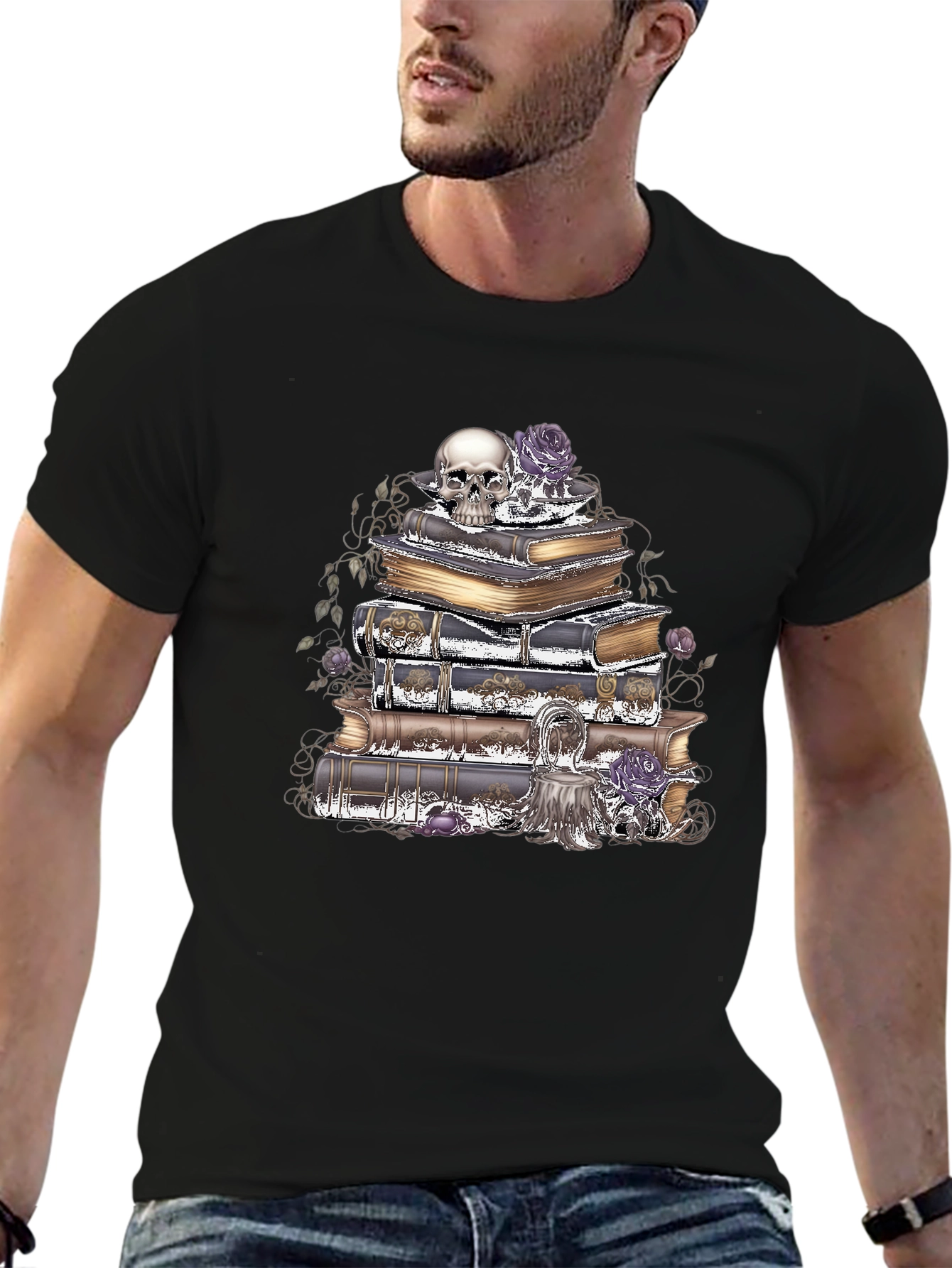 Camiseta Gótica: Cráneo Rosas y Libros