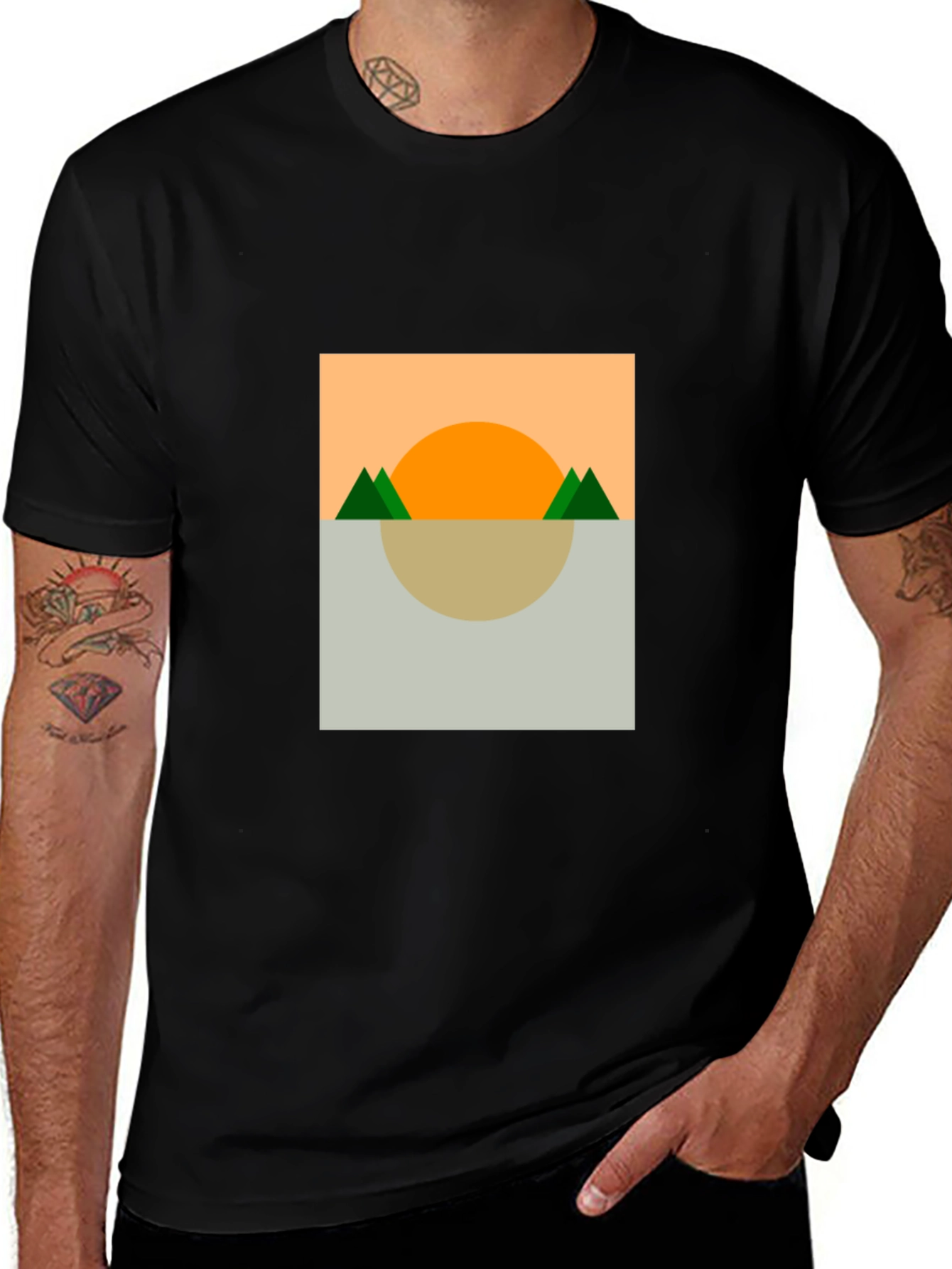Camiseta Hombre: Diseño Abstracto Sol y Montañas
