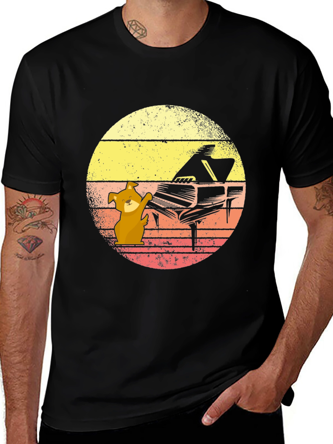 Camiseta Hombre Diseño Piano y Perro Músico