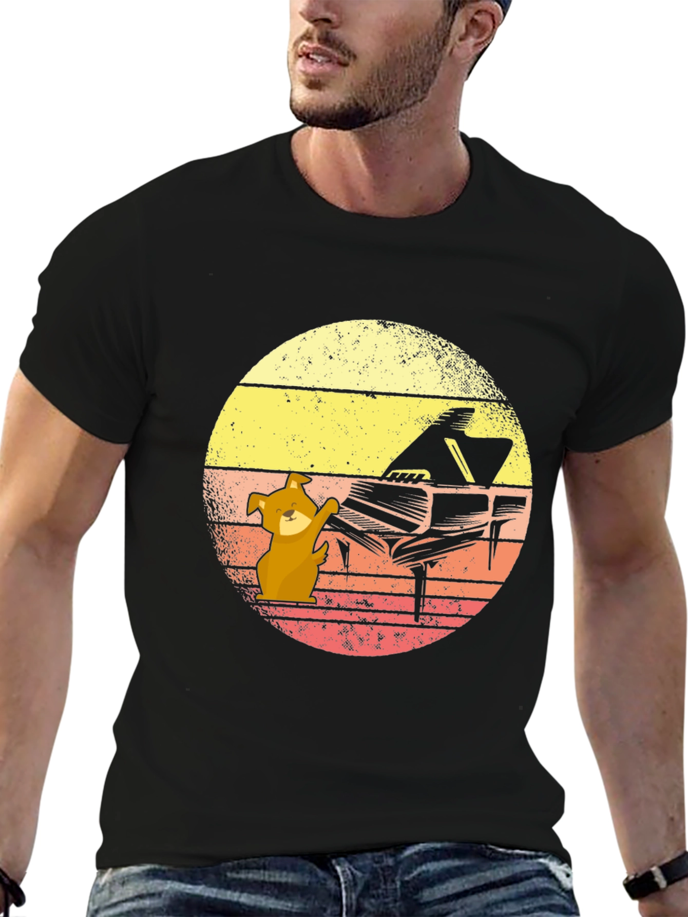 Camiseta Hombre Diseño Piano y Perro Músico