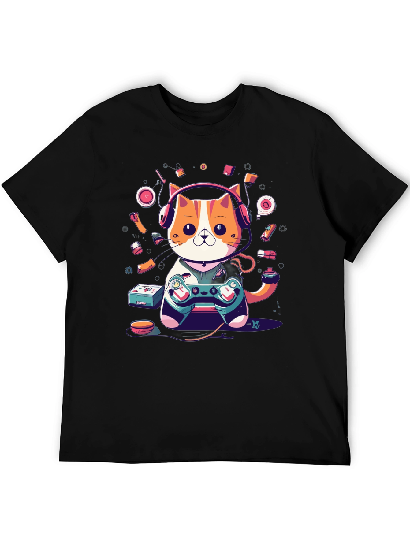 Camiseta Hombre Gato Gamer con Auriculares