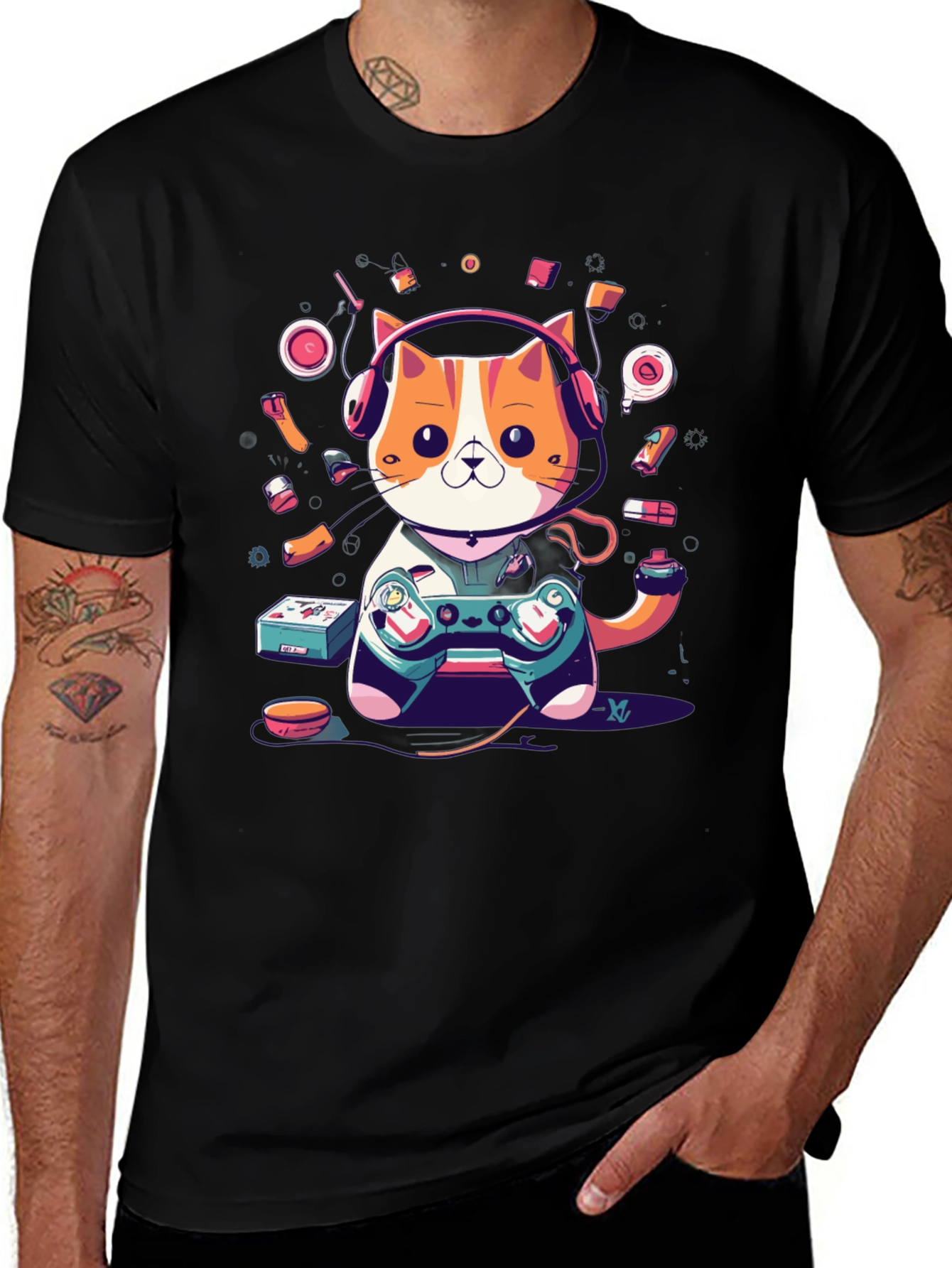 Camiseta Hombre Gato Gamer con Auriculares