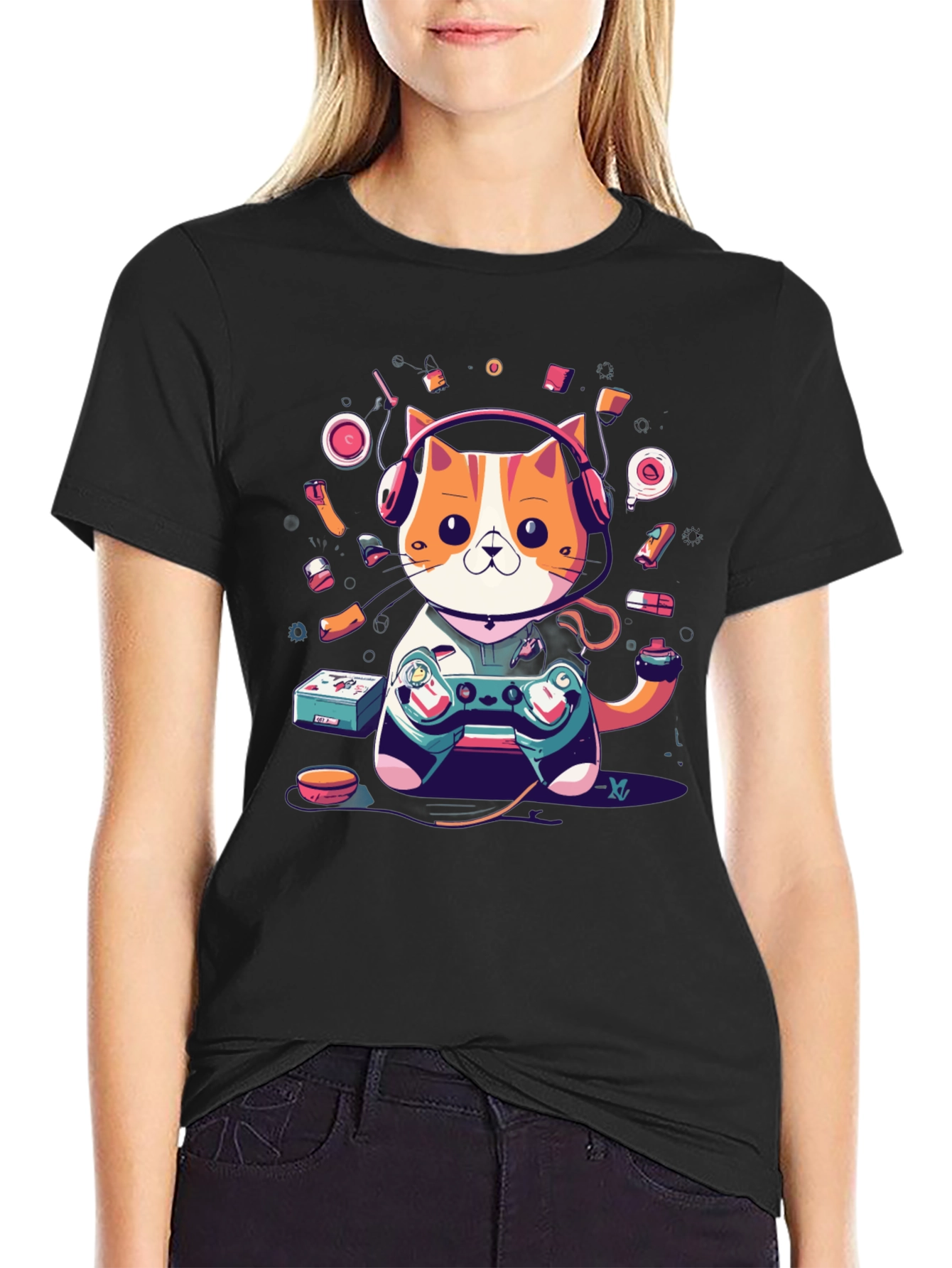 Camiseta Hombre Gato Gamer con Auriculares
