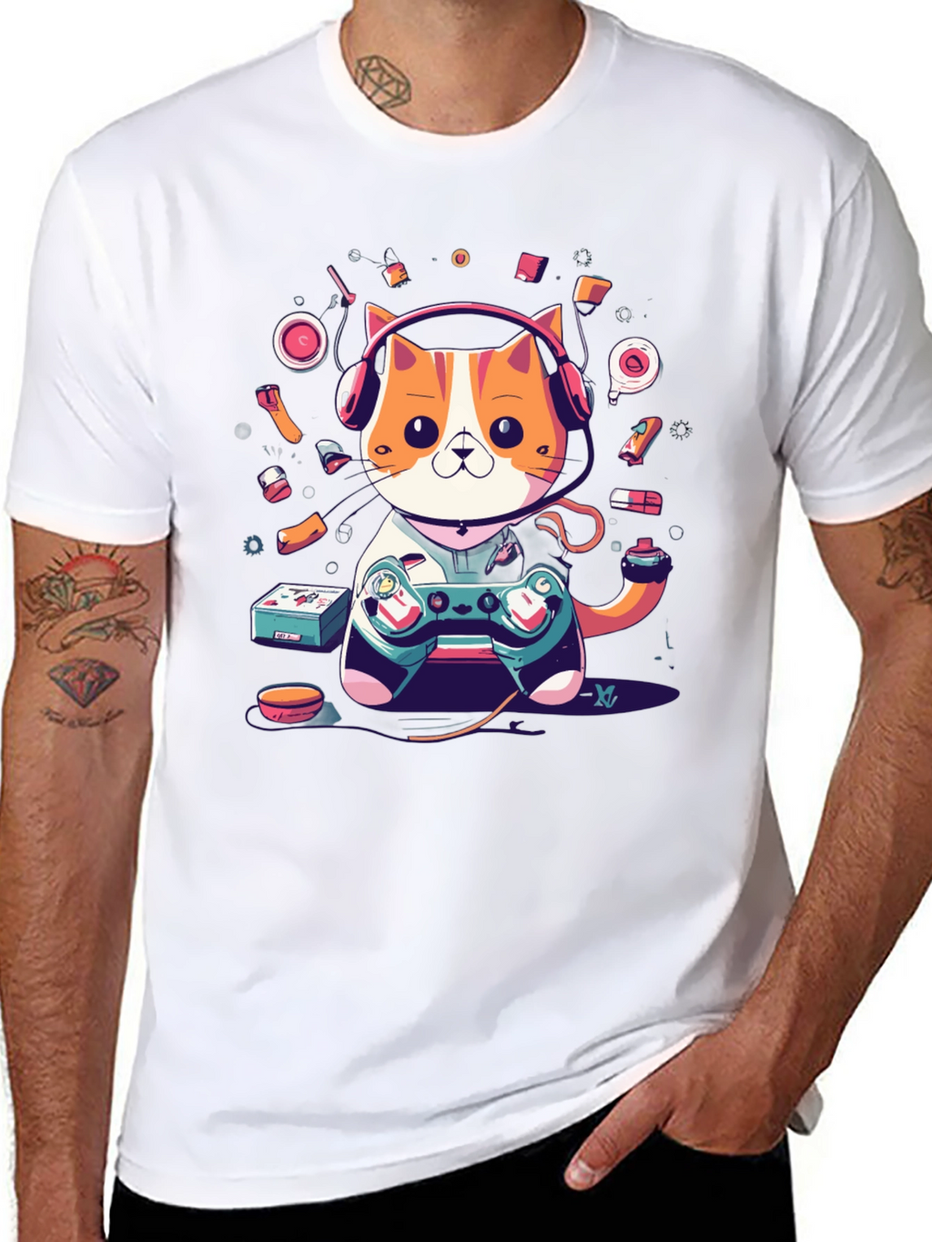 Camiseta Hombre Gato Gamer con Auriculares