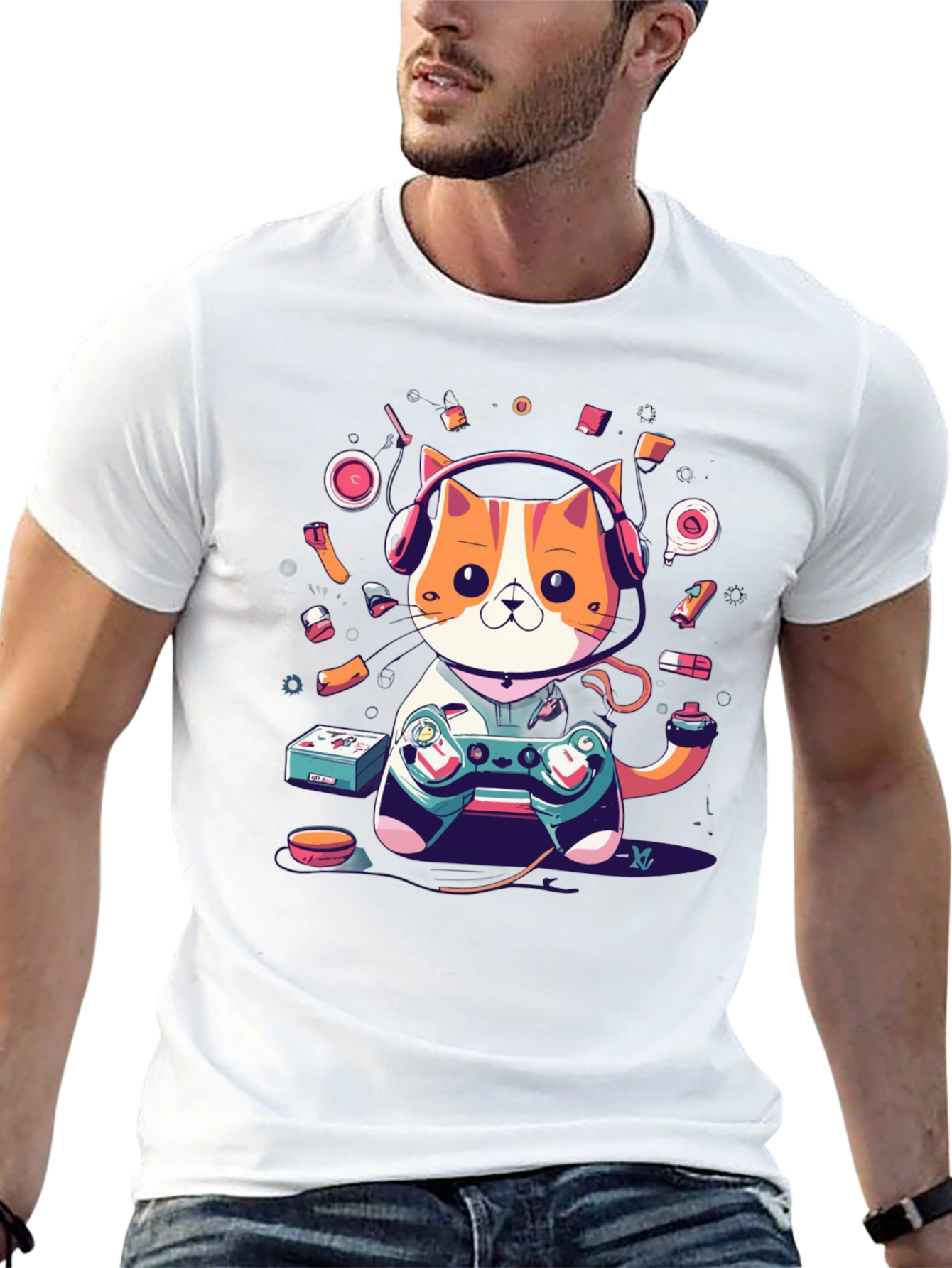 Camiseta Hombre Gato Gamer con Auriculares