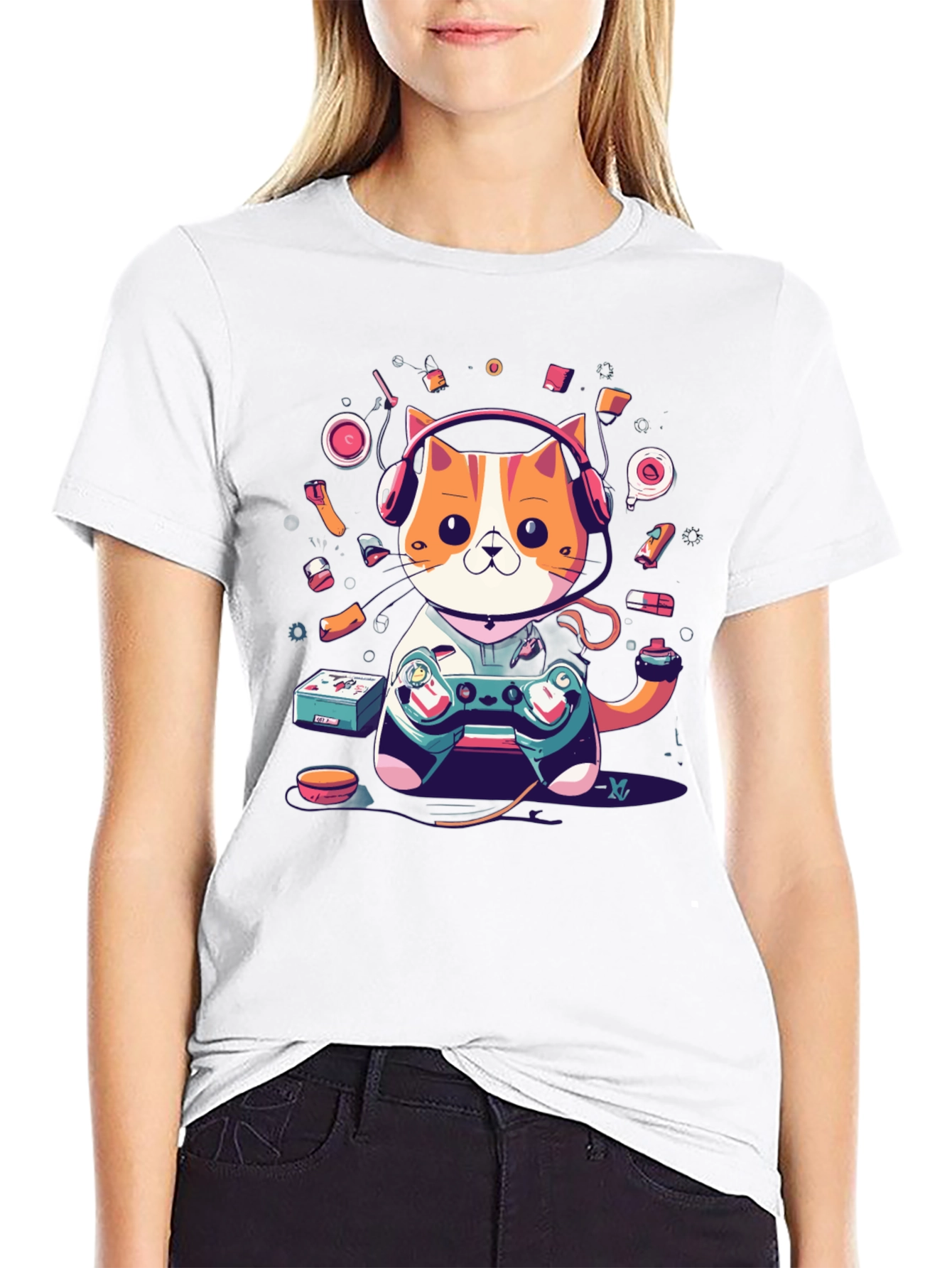Camiseta Hombre Gato Gamer con Auriculares