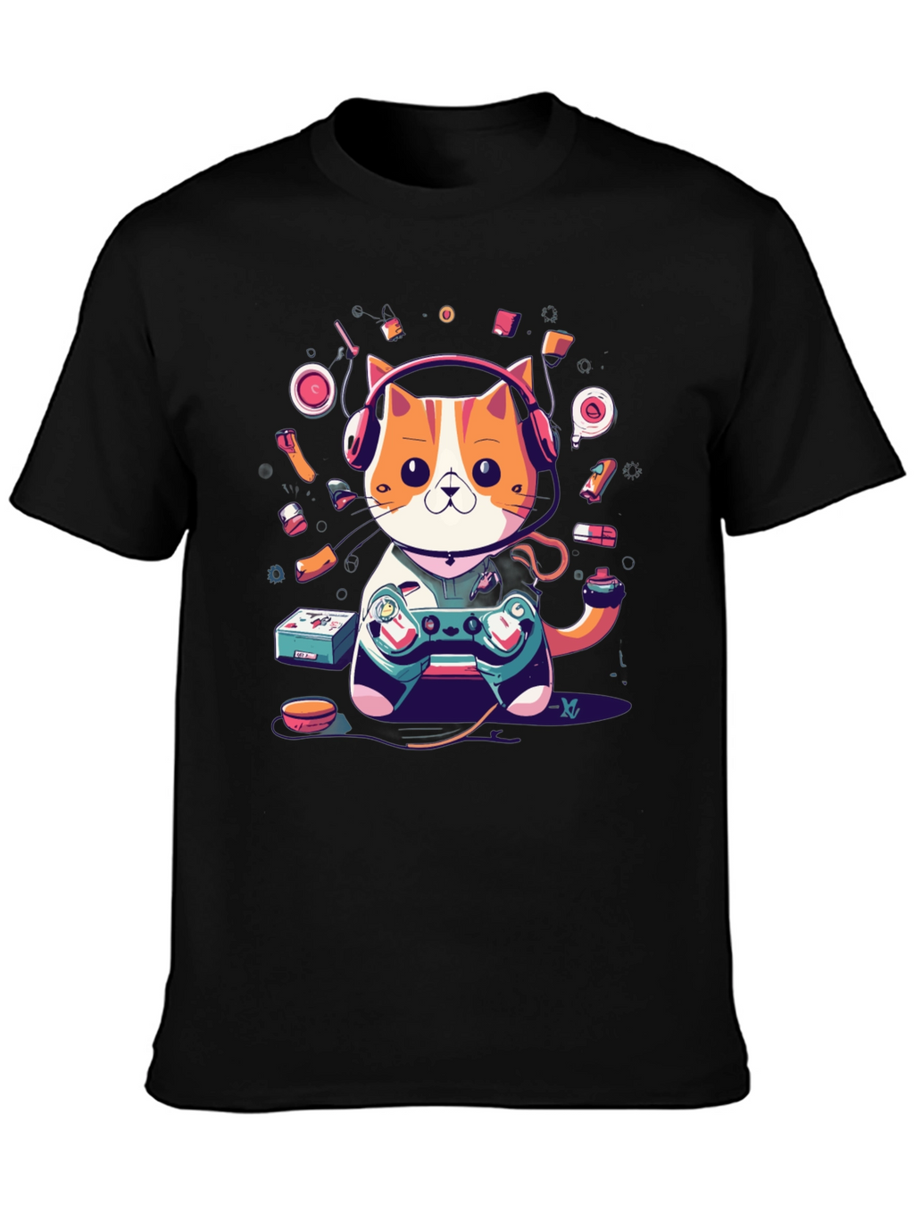 Camiseta Hombre Gato Gamer con Auriculares