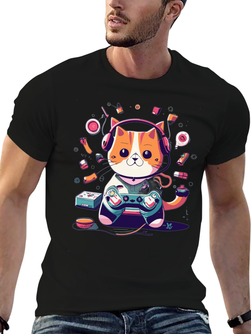 Camiseta Hombre Gato Gamer con Auriculares