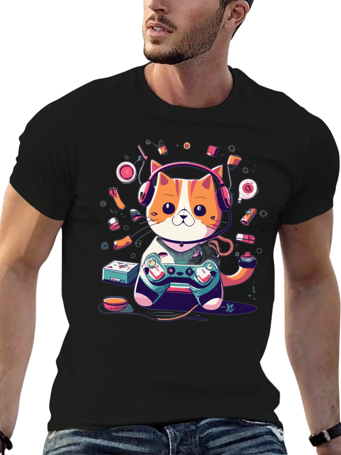 Camiseta Hombre Gato Gamer con Auriculares