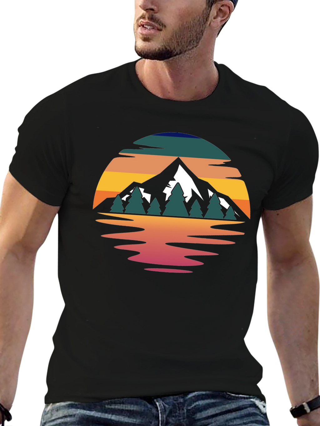 Camiseta Hombre Diseño Montaña Reflejo Atardecer