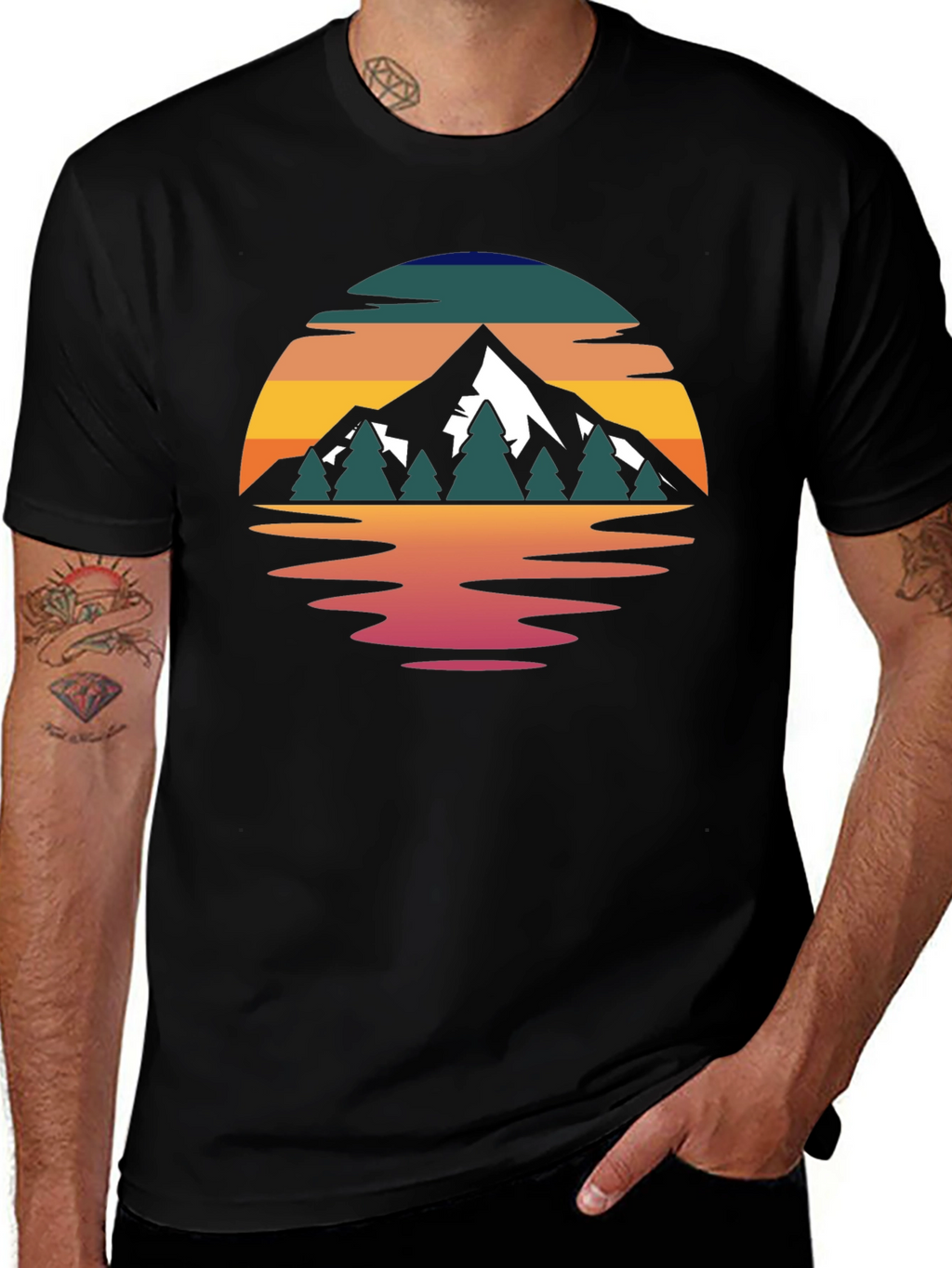 Camiseta Hombre Diseño Montaña Reflejo Atardecer