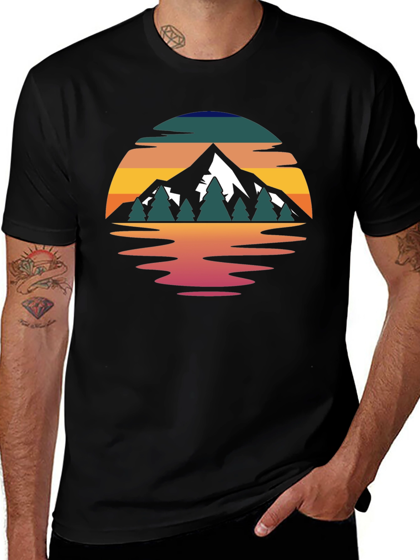 Camiseta Hombre Diseño Montaña Reflejo Atardecer