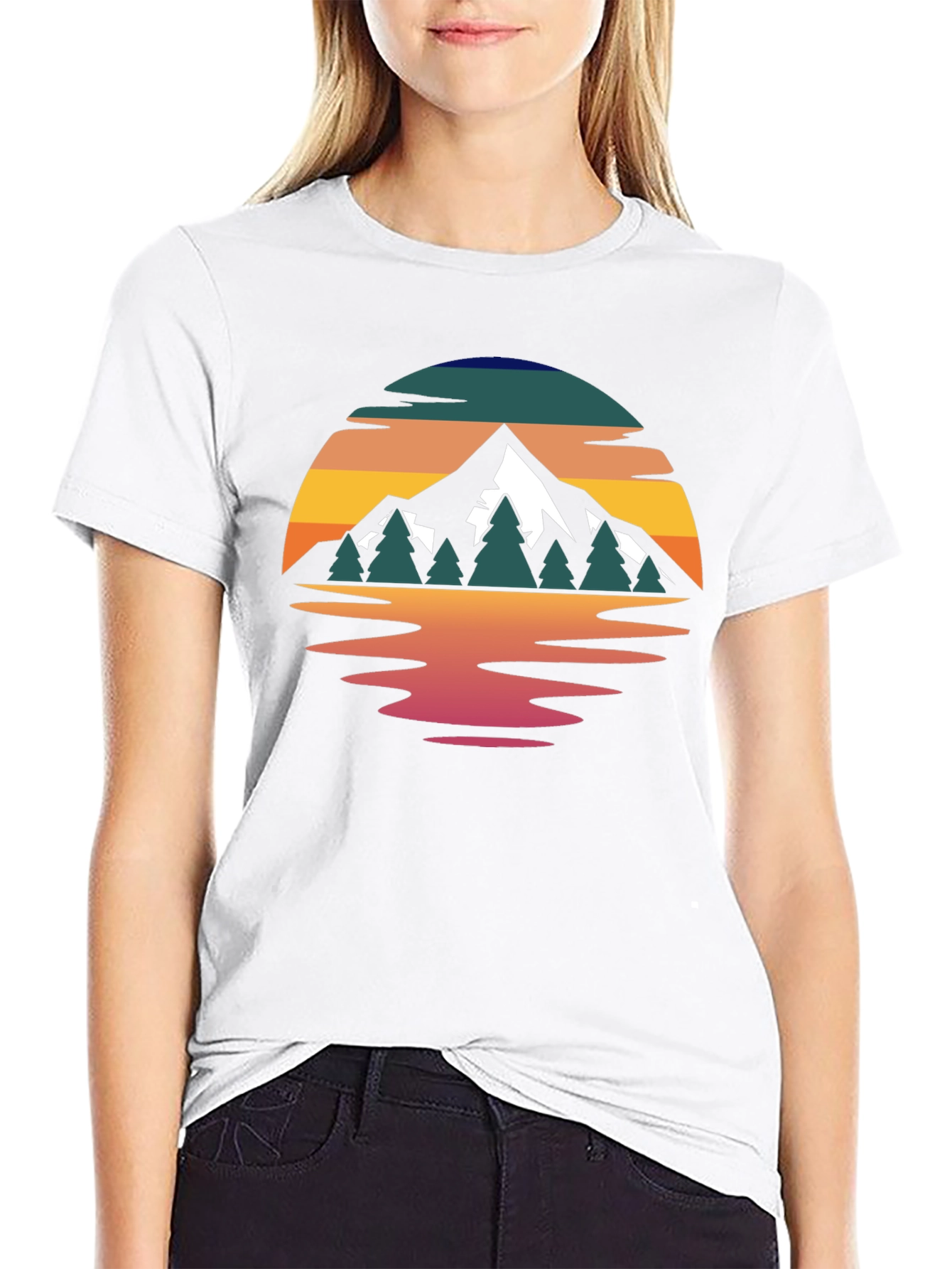 Camiseta Hombre Diseño Montaña Reflejo Atardecer