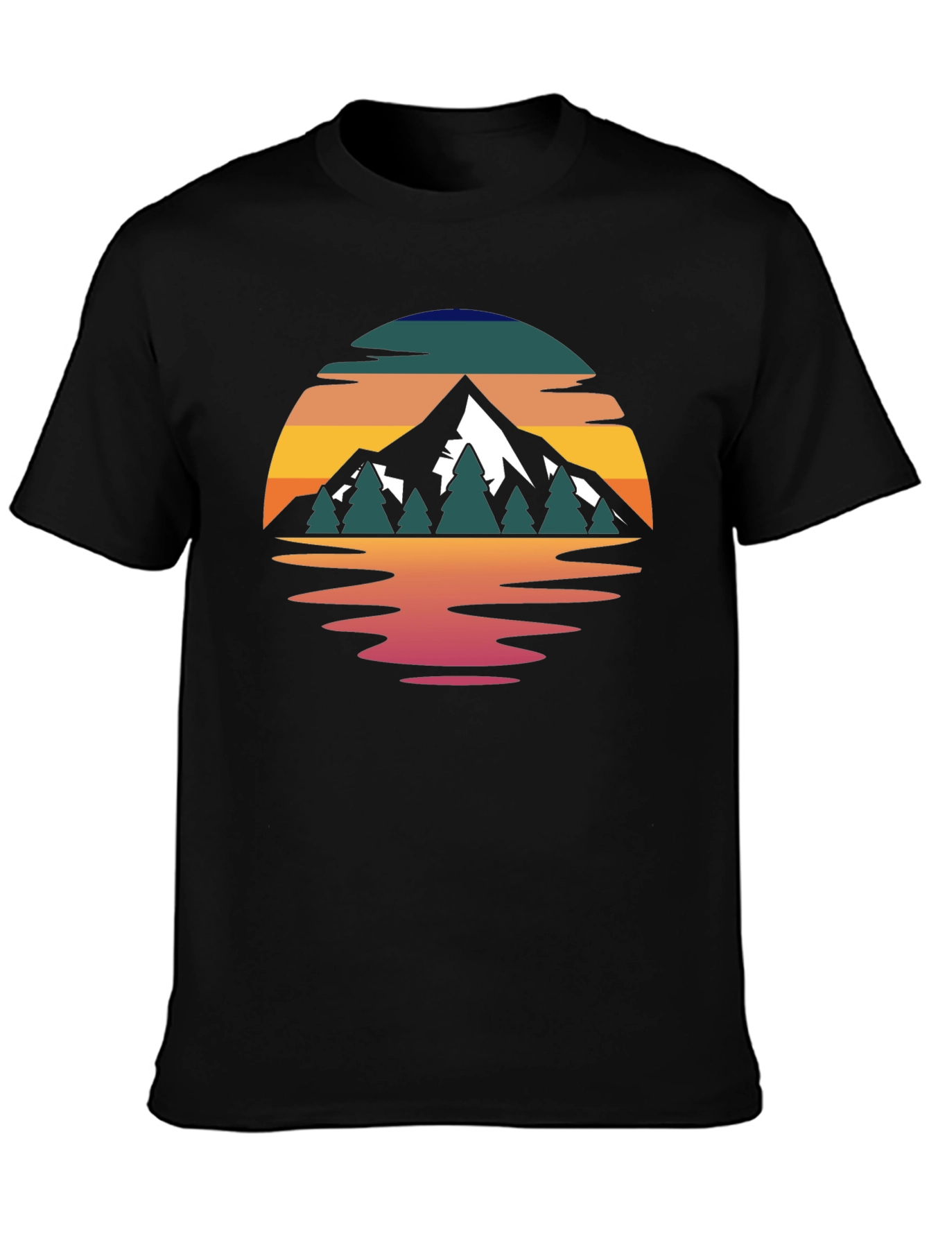 Camiseta Hombre Diseño Montaña Reflejo Atardecer