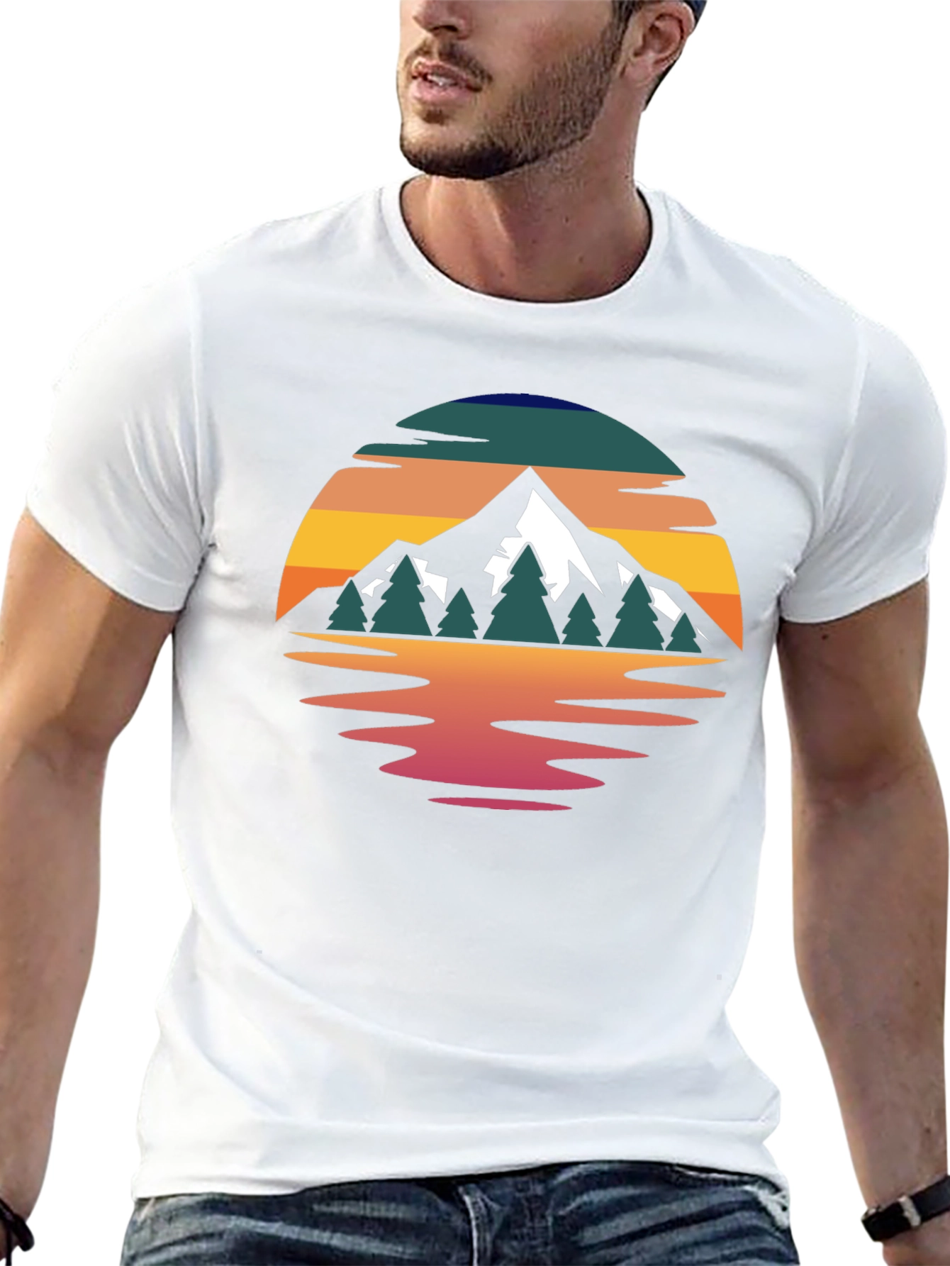 Camiseta Hombre Diseño Montaña Reflejo Atardecer