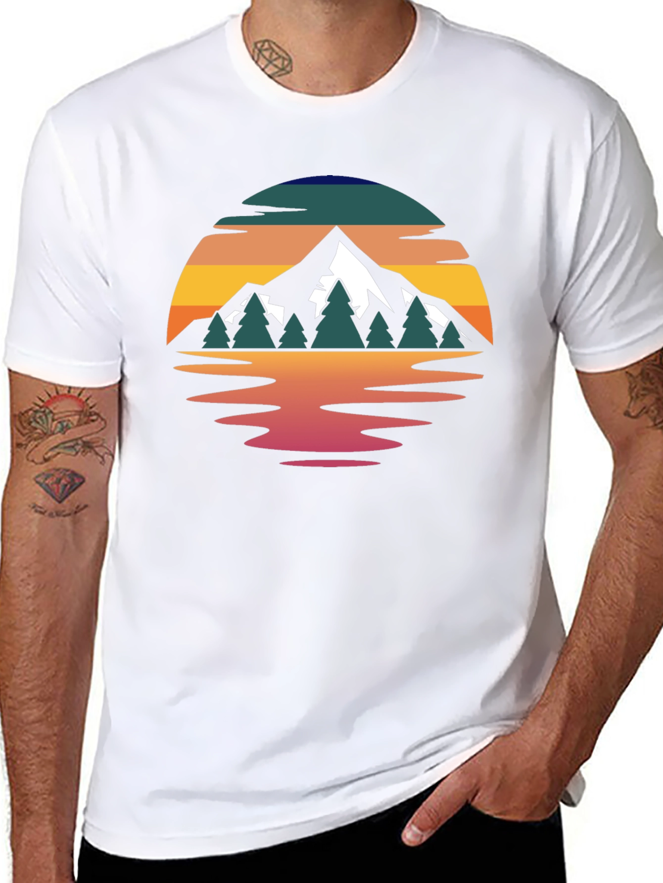 Camiseta Hombre Diseño Montaña Reflejo Atardecer