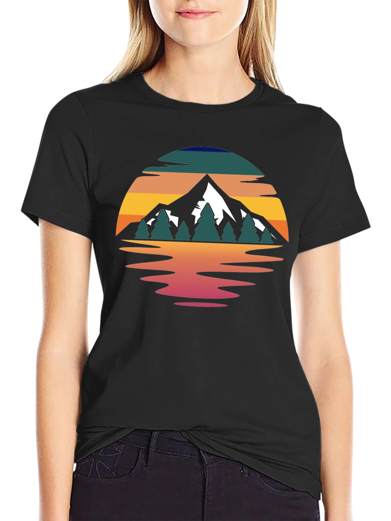 Camiseta Hombre Diseño Montaña Reflejo Atardecer