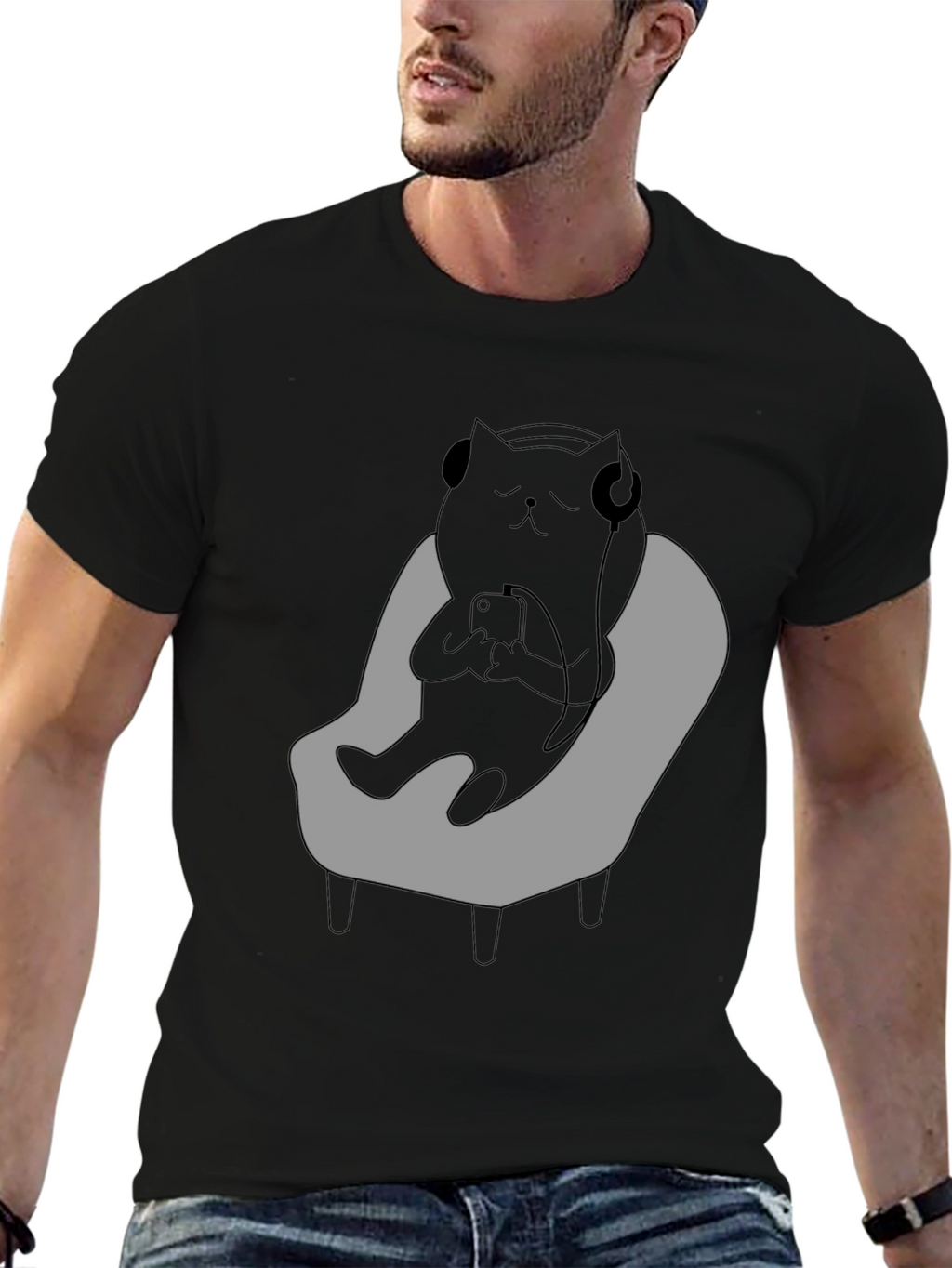 Camiseta Hombre - Gato Relajado con Auriculares
