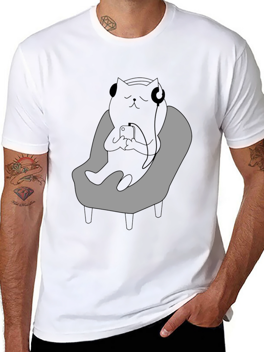 Camiseta Hombre - Gato Relajado con Auriculares
