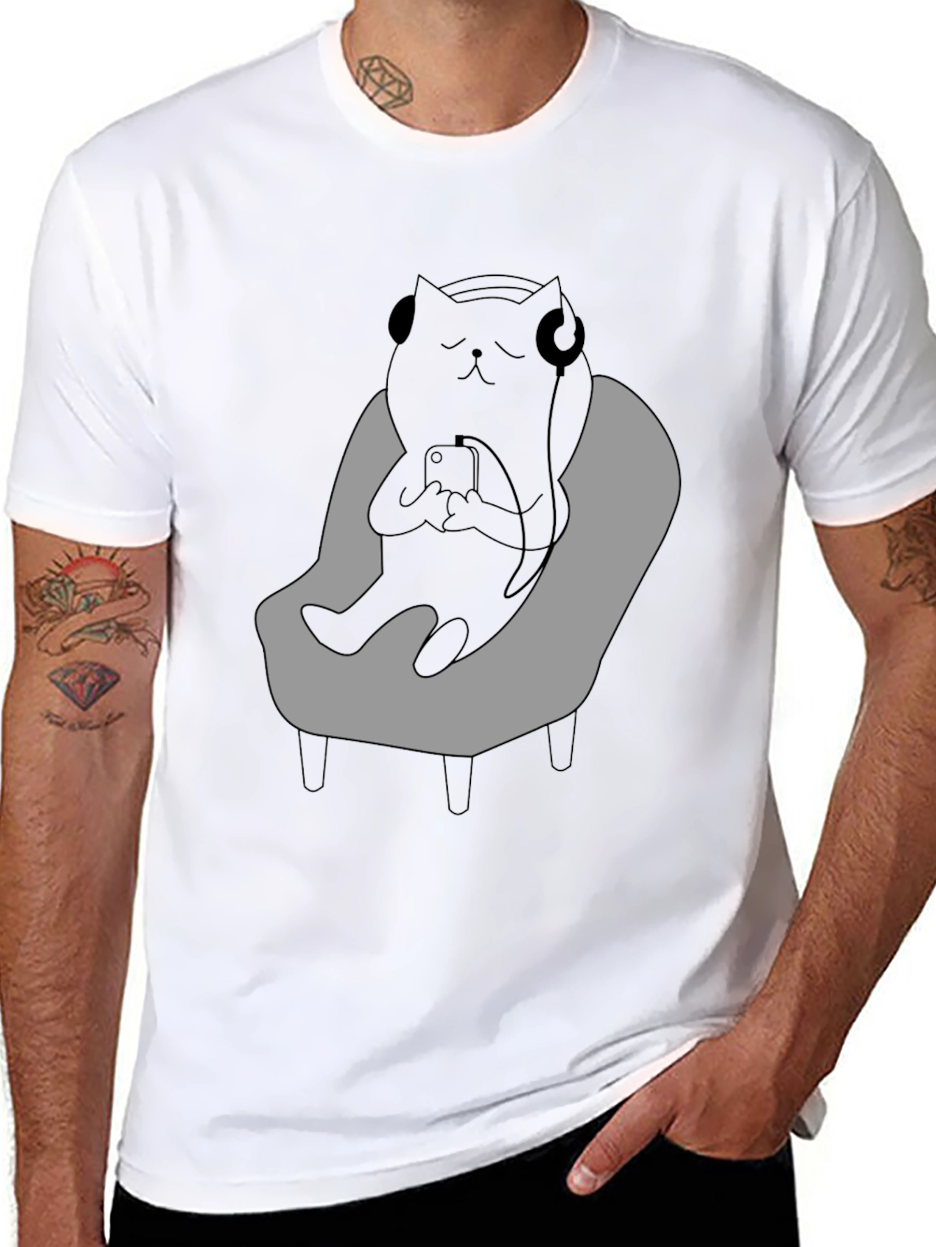 Camiseta Hombre - Gato Relajado con Auriculares