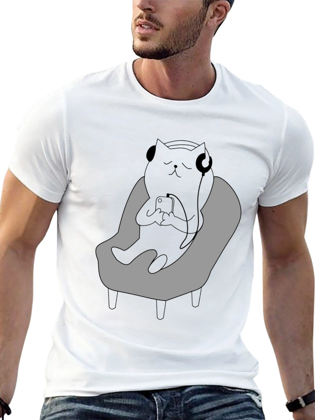 Camiseta Hombre - Gato Relajado con Auriculares