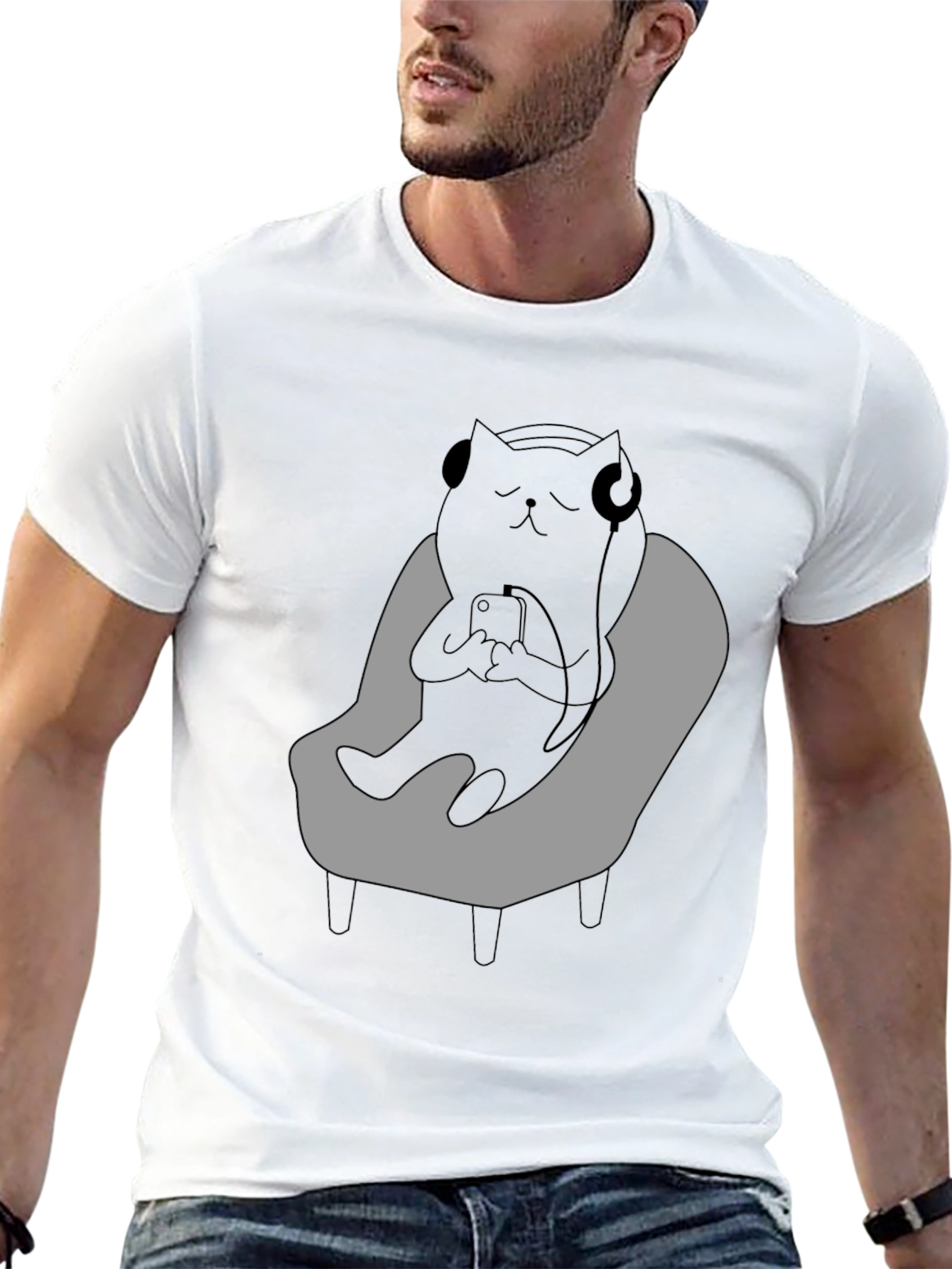 Camiseta Hombre - Gato Relajado con Auriculares
