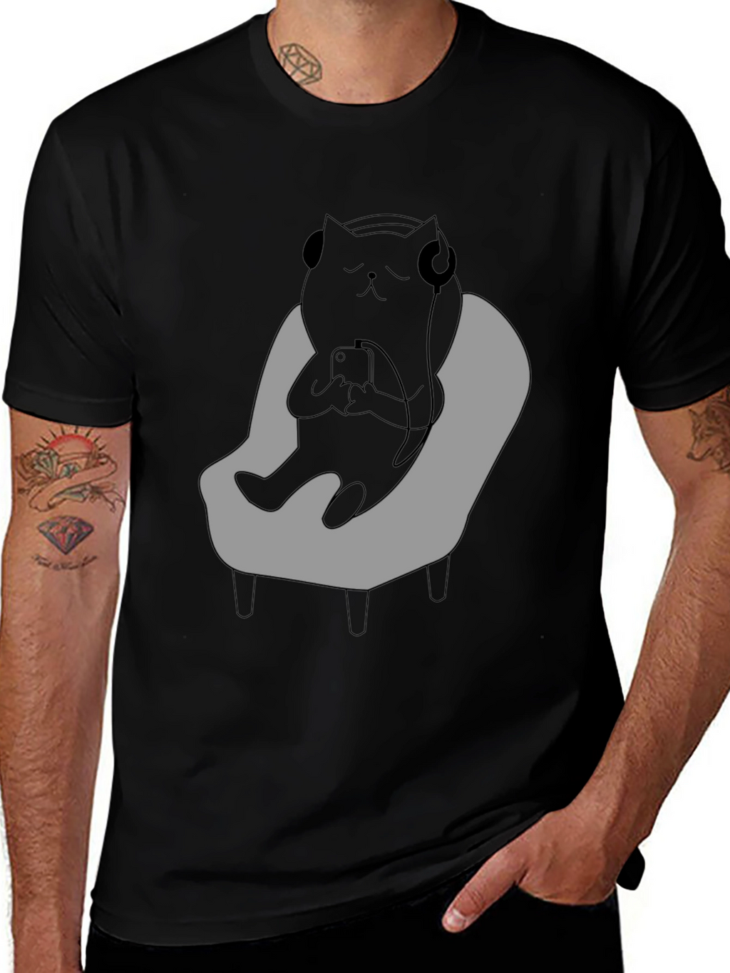 Camiseta Hombre - Gato Relajado con Auriculares