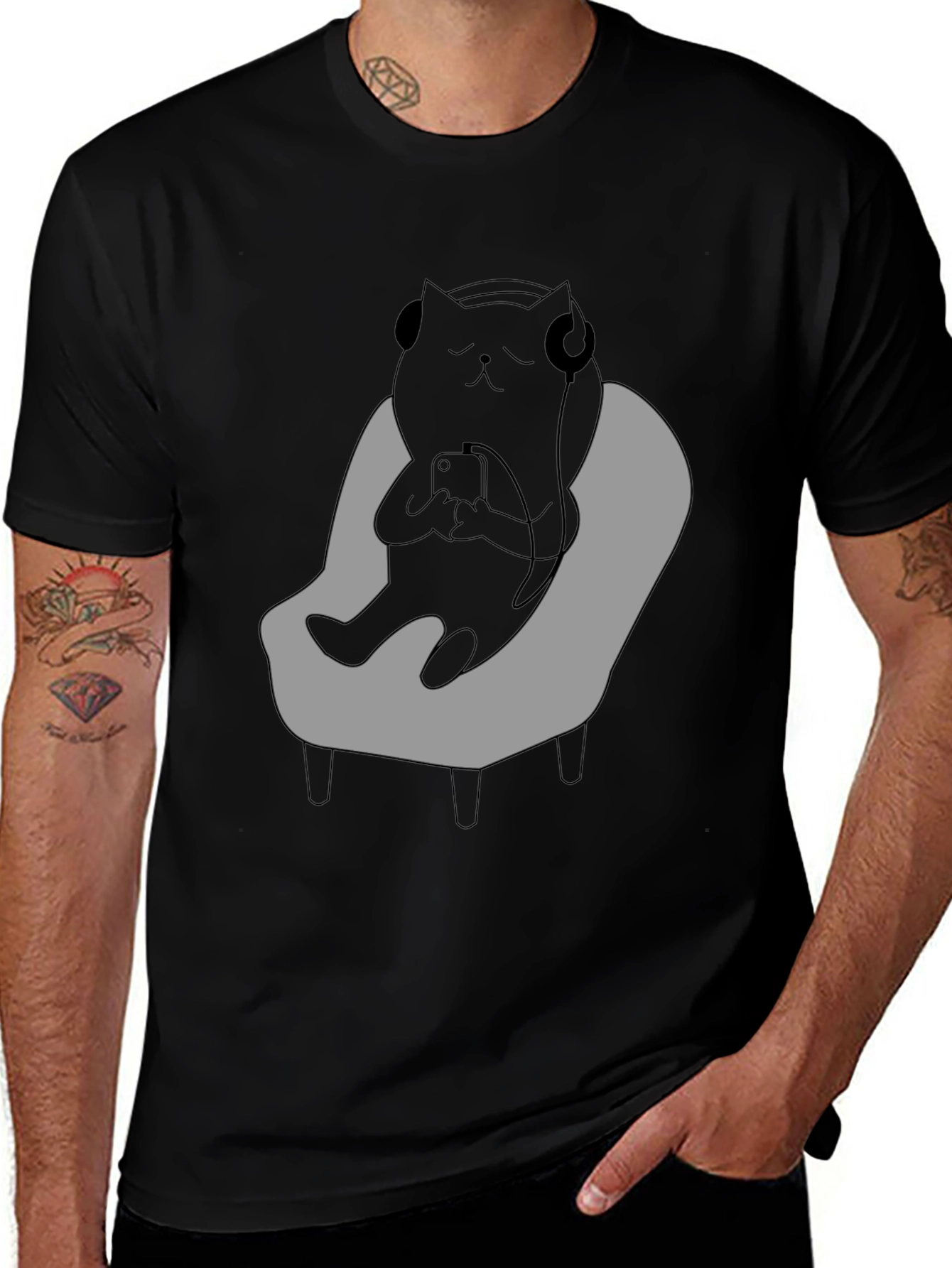 Camiseta Hombre - Gato Relajado con Auriculares