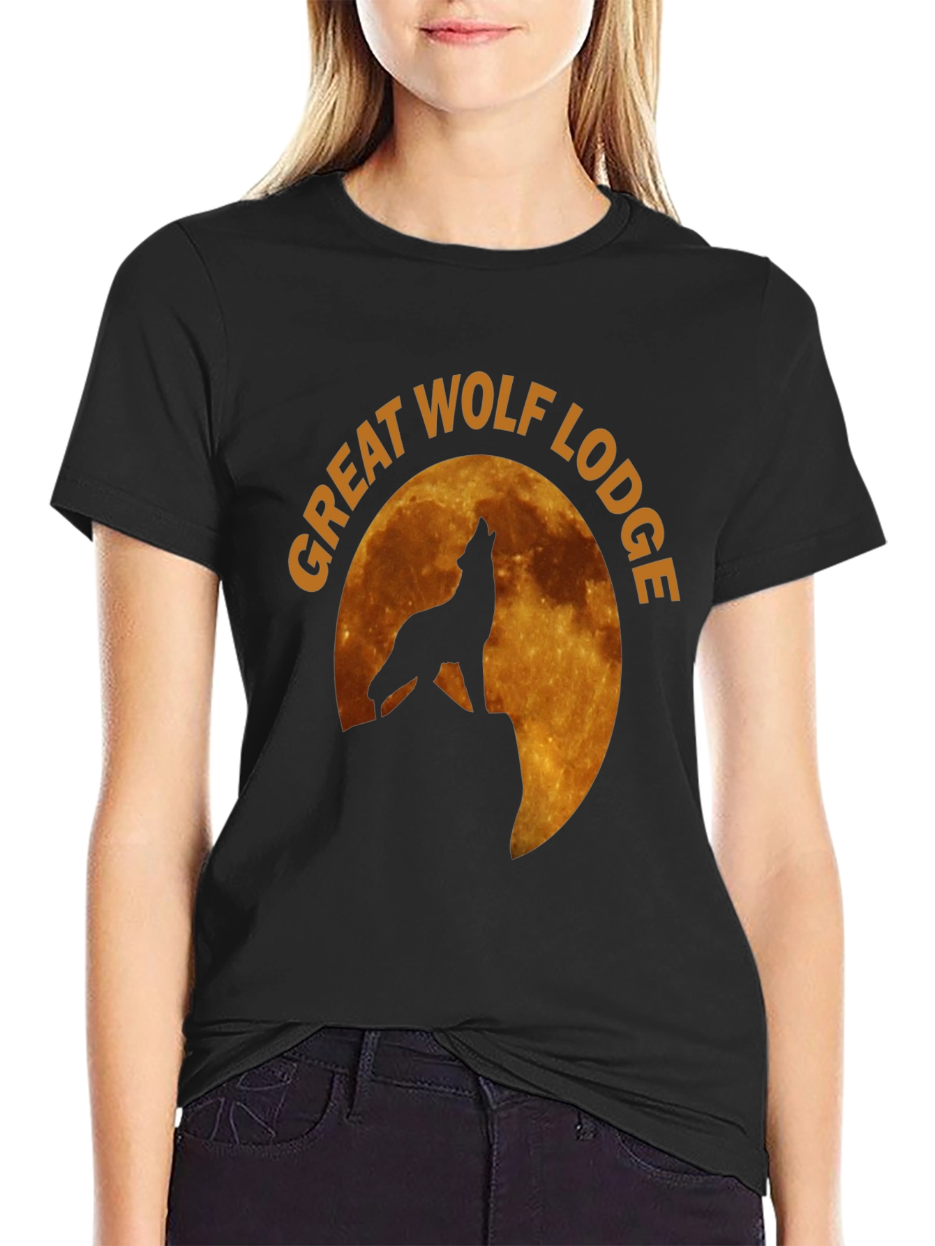 Camiseta Hombre Negra Lobo Aullando Luna