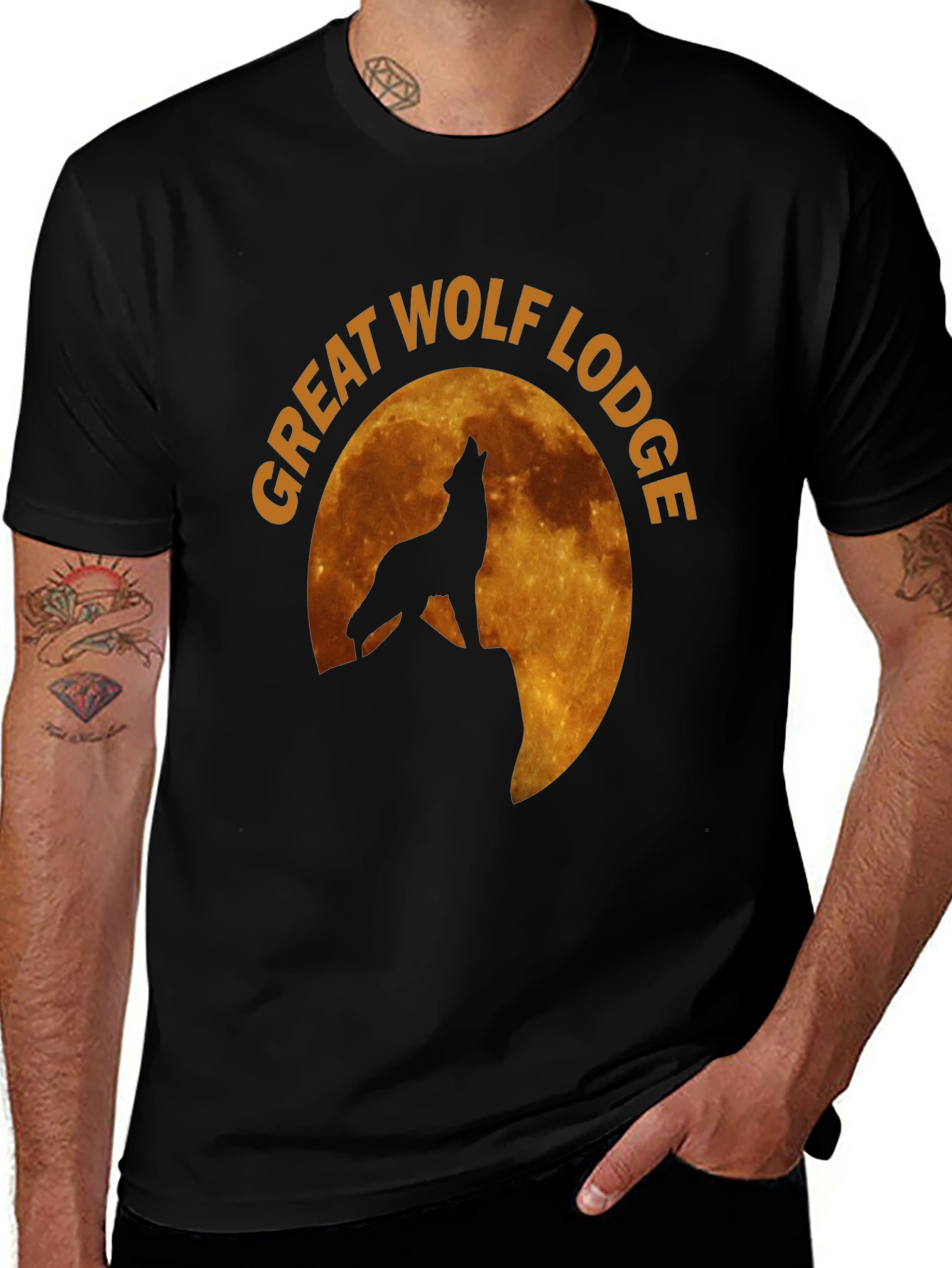 Camiseta Hombre Negra Lobo Aullando Luna