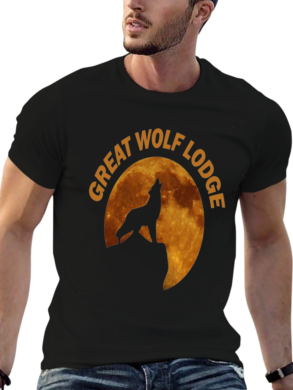 Camiseta Hombre Negra Lobo Aullando Luna