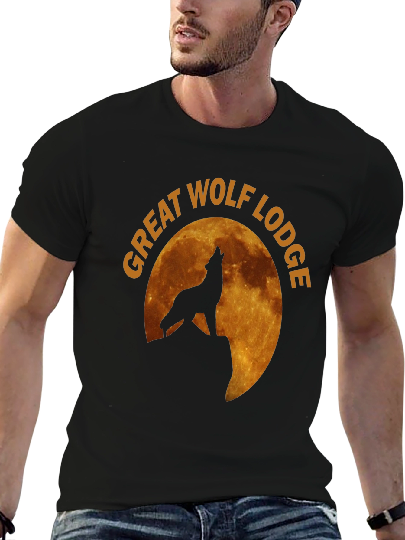 Camiseta Hombre Negra Lobo Aullando Luna