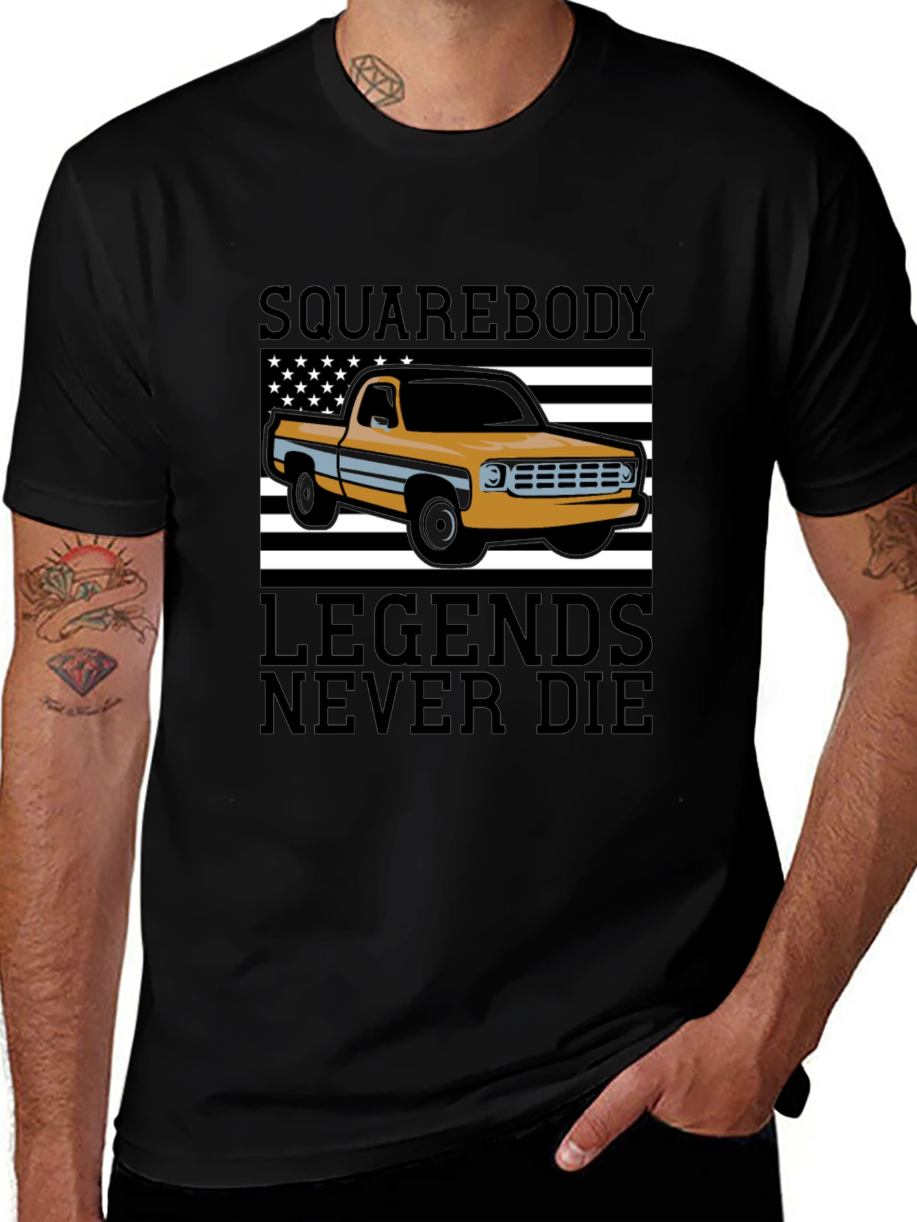 Camiseta Hombre Negra - Diseño Squarebody Legends Never Die