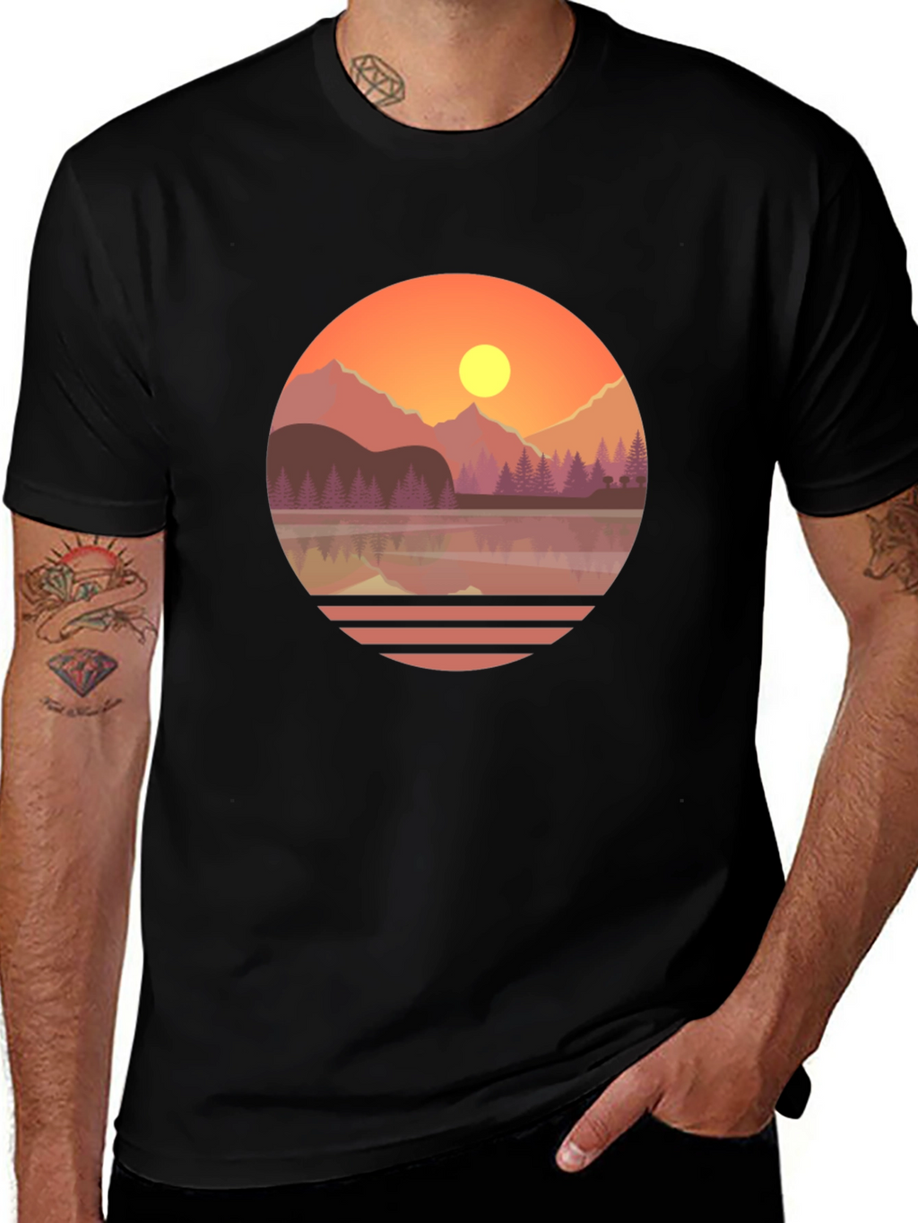 Camiseta Gráfica de Montaña al Atardecer