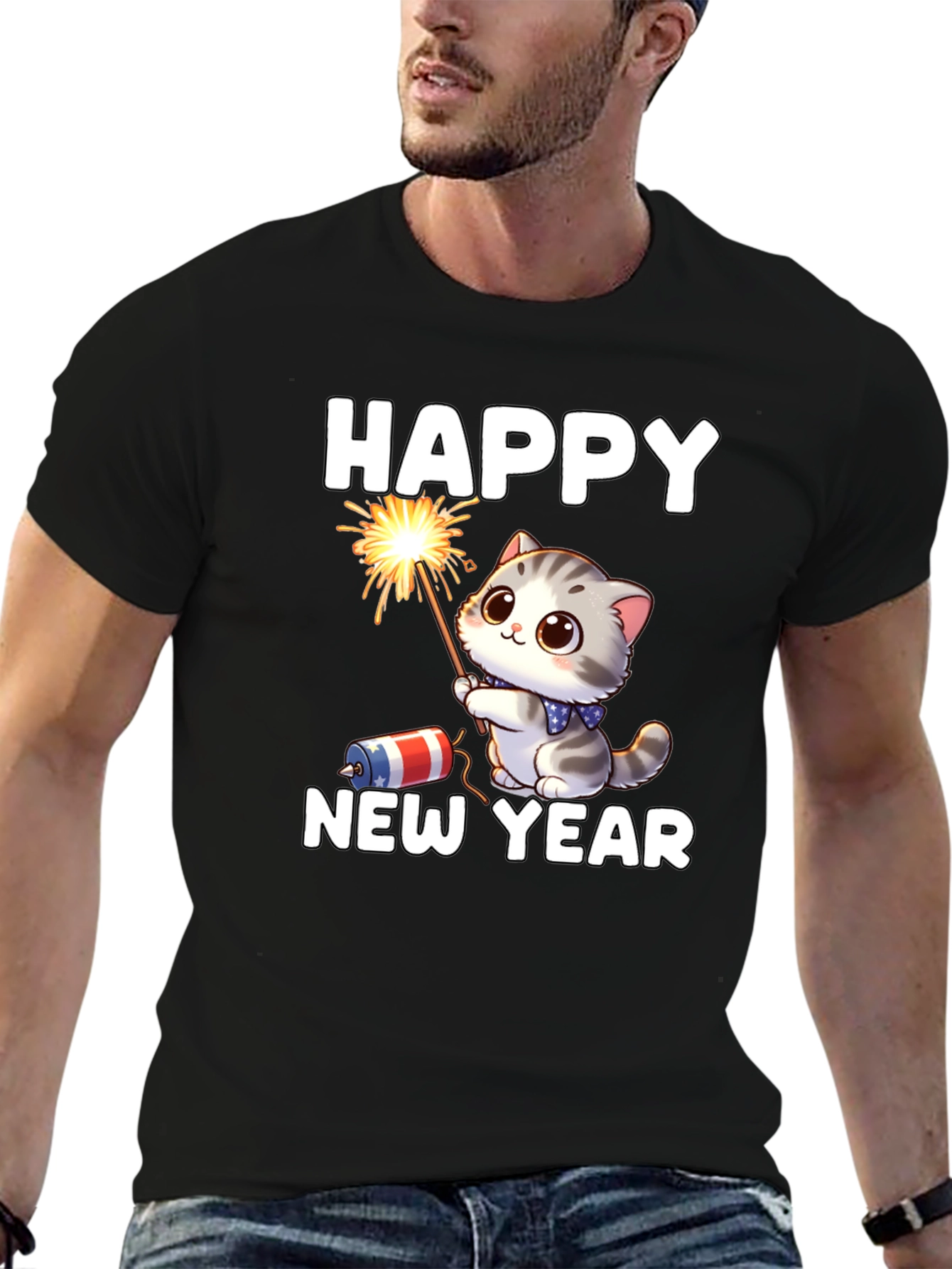 Camiseta Feliz Año Nuevo Gato Fuegos Artificiales