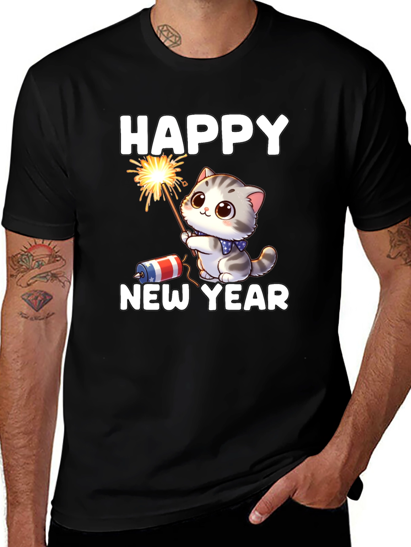 Camiseta Feliz Año Nuevo Gato Fuegos Artificiales