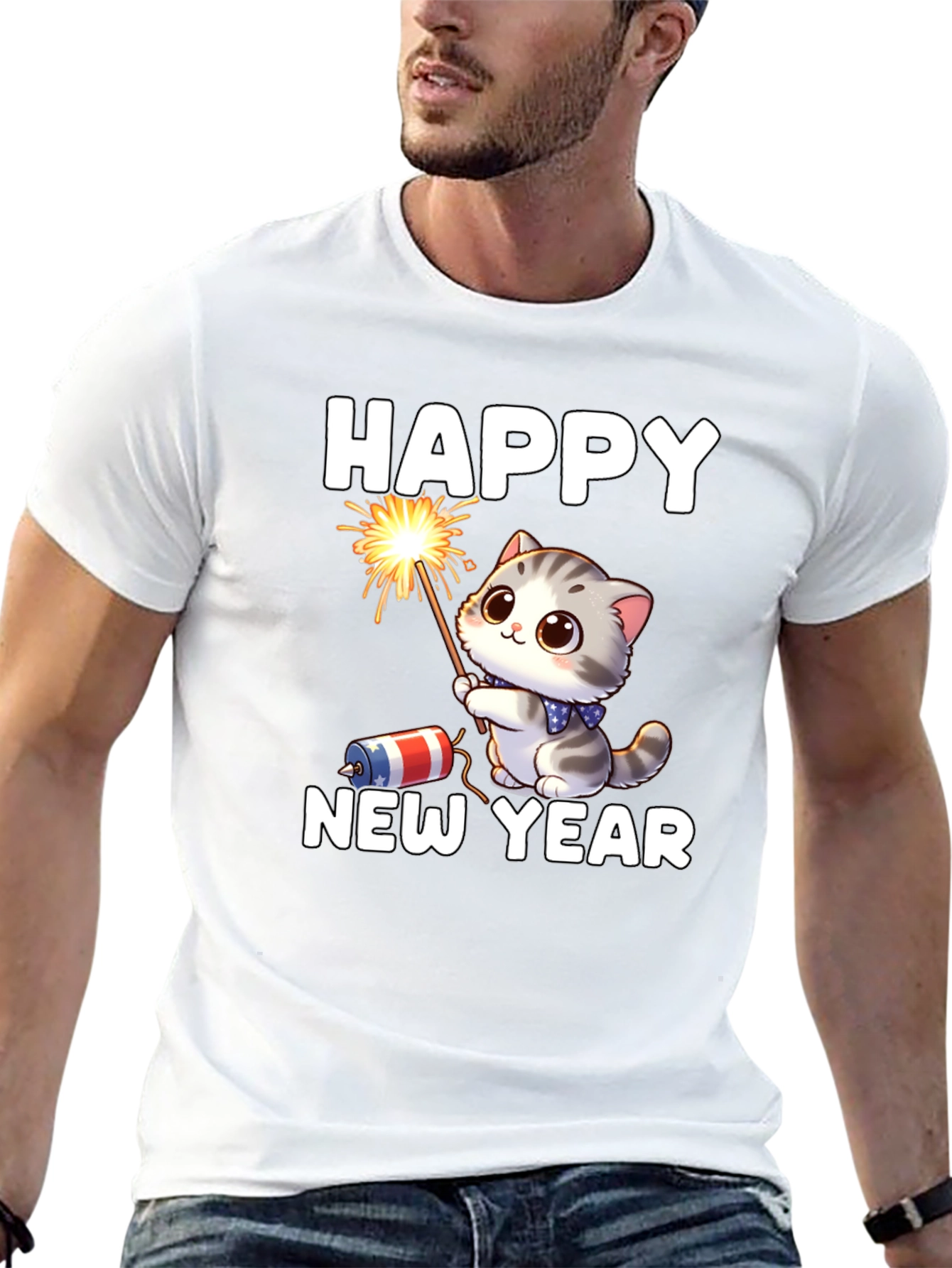 Camiseta Feliz Año Nuevo Gato Fuegos Artificiales