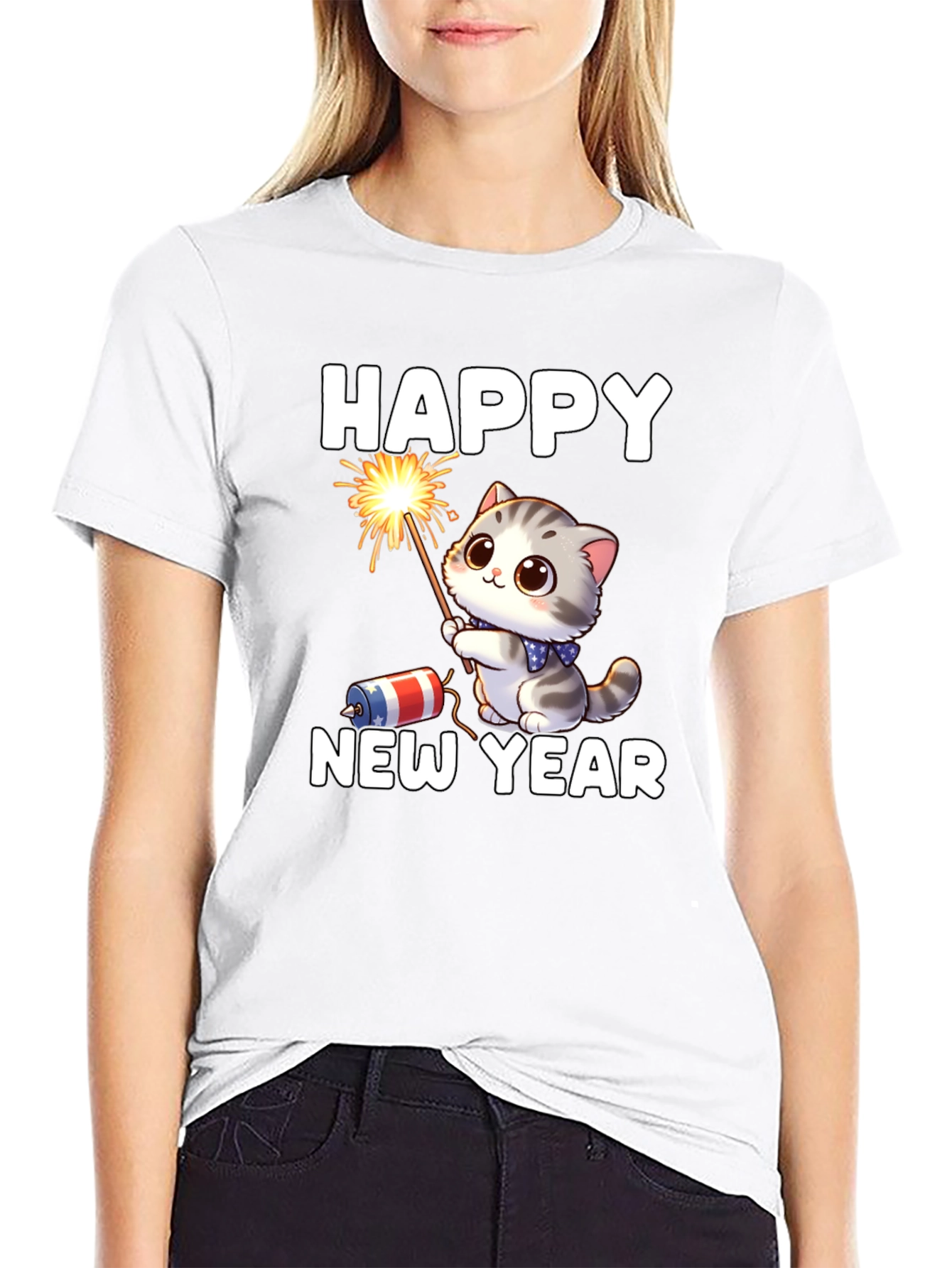 Camiseta Feliz Año Nuevo Gato Fuegos Artificiales